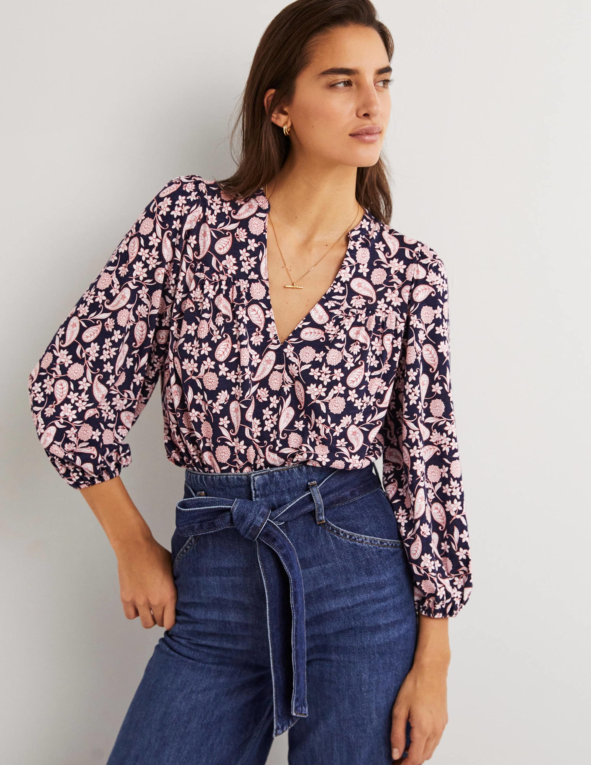  Printed Notch Neck Top-Navy, Flower Garden、mySite、ashleygrahame