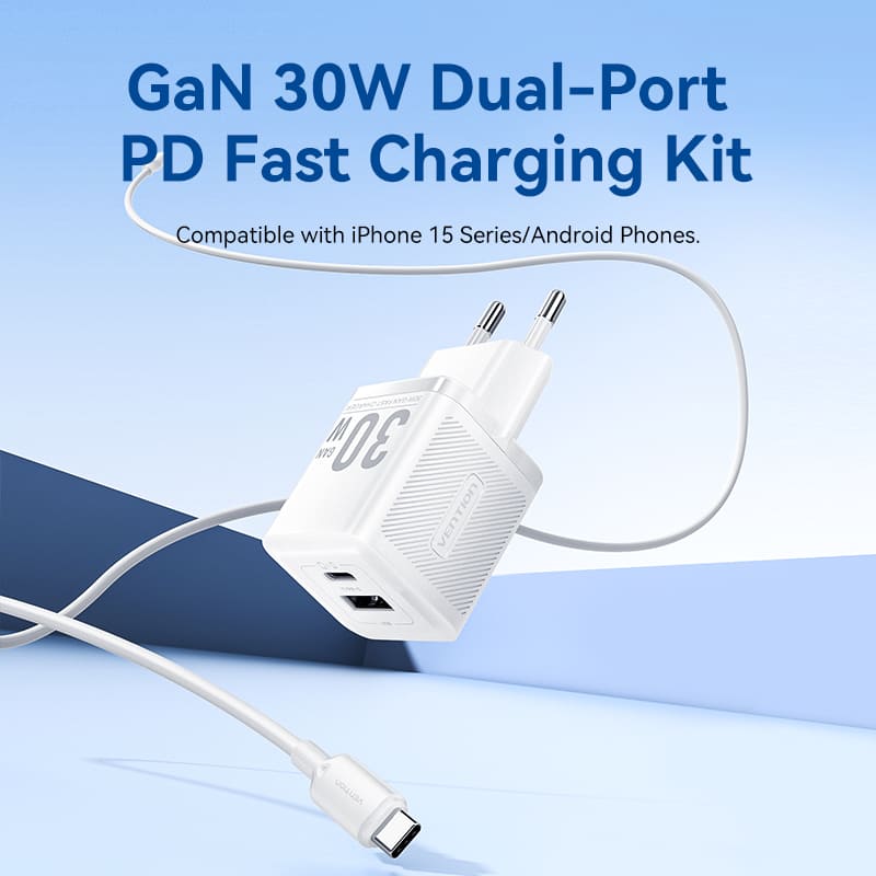 Vention 2-Port USB (C+A) GaN Charger (30W/30W) with USB-C to USB-C Cable (1M) EU-Plug、mySite、fannypackpong