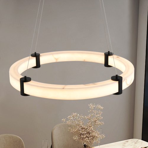 Modern LED Pendant Light, 24-Inch Round Hanging Chandelier with Adjustable Height, Imitation Marble Finish Resin Ring Ceiling Light for Dining Room, Kitchen Island, Living Room、、eastwooduniform
