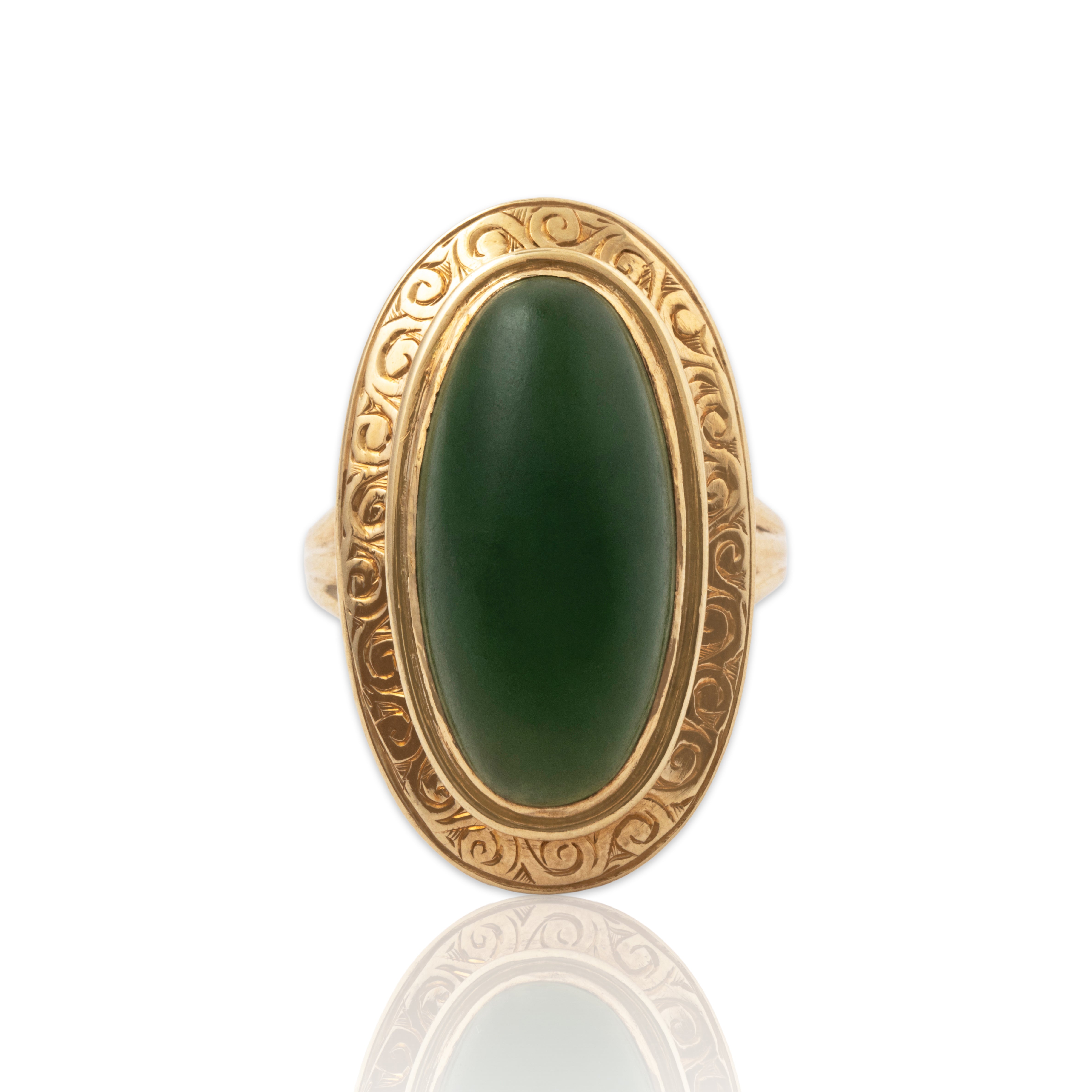 Vintage 10k Yellow Gold 8.36ct Green Jade Engraved Bezel Ring 6.50、mySite、hinf8tx79