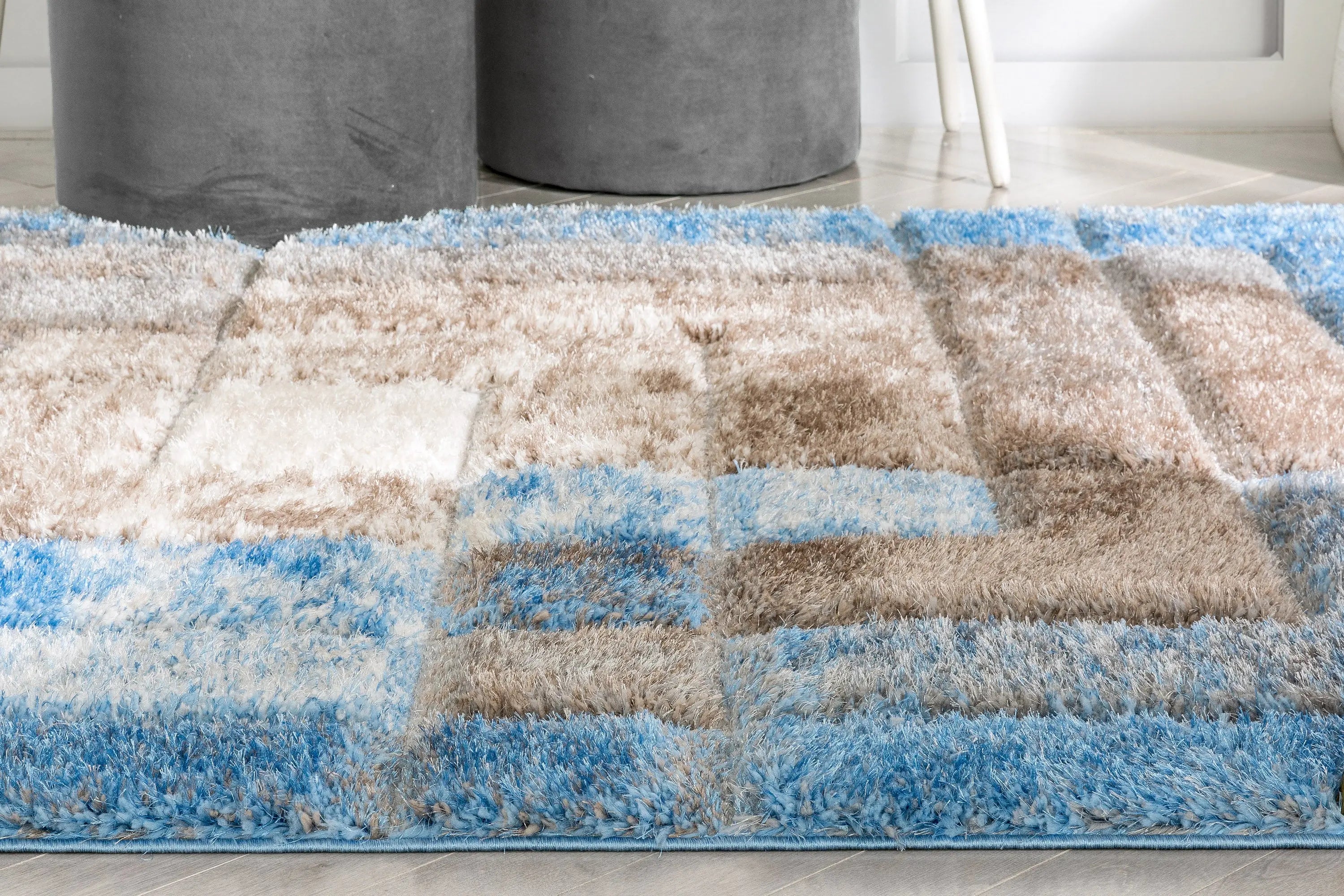 Kenzo Retro Geometric Pattern 3D Textured Shag Grey Light Blue Rug、mySite、gigharbornorthrealestate