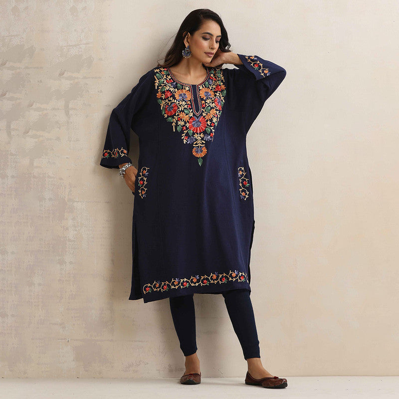 Woolen Kurta For Women | Floral Embroidered | Blue、mySite、camillekostekn