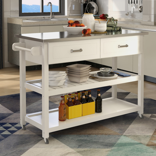 Stainless Steel Table Top White Kicthen Cart With Two Drawers、、casual