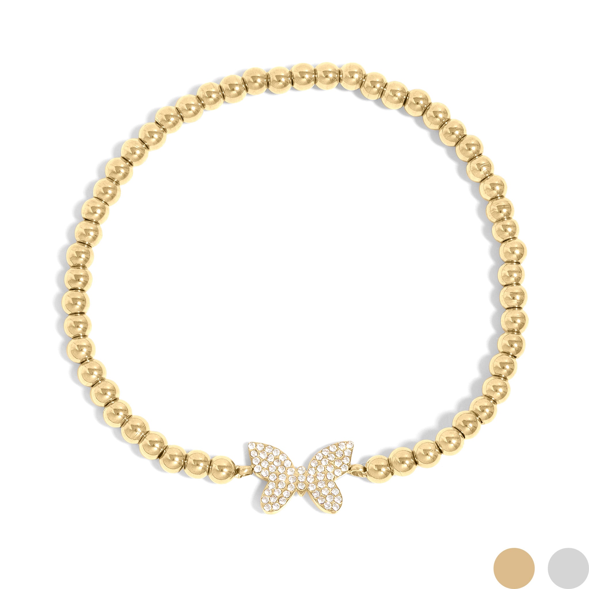 18K Gold PVD Stainless Steel Stone Butterfly Metal Beaded Stretch Bracelet / BRJ1021、mySite、dreamappss