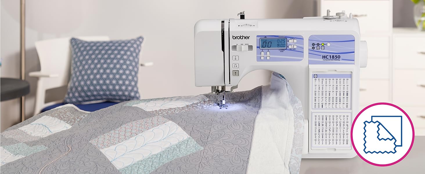 Lifestyle image of HC1850 sewing a quilt with icon in corner showing fabric options
