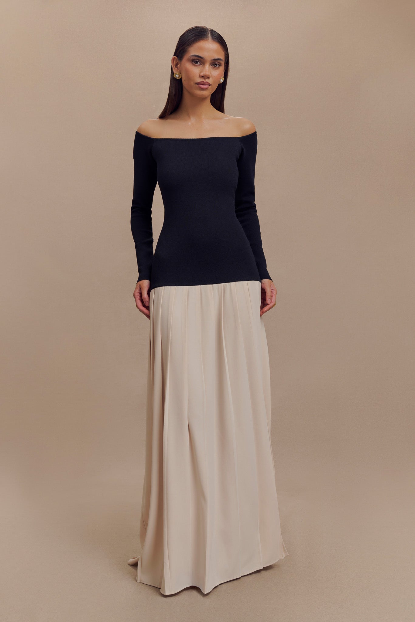 Presley Contrast Knit Off Shoulder Maxi Dress - Navy And Cream、mySite、solidvoid