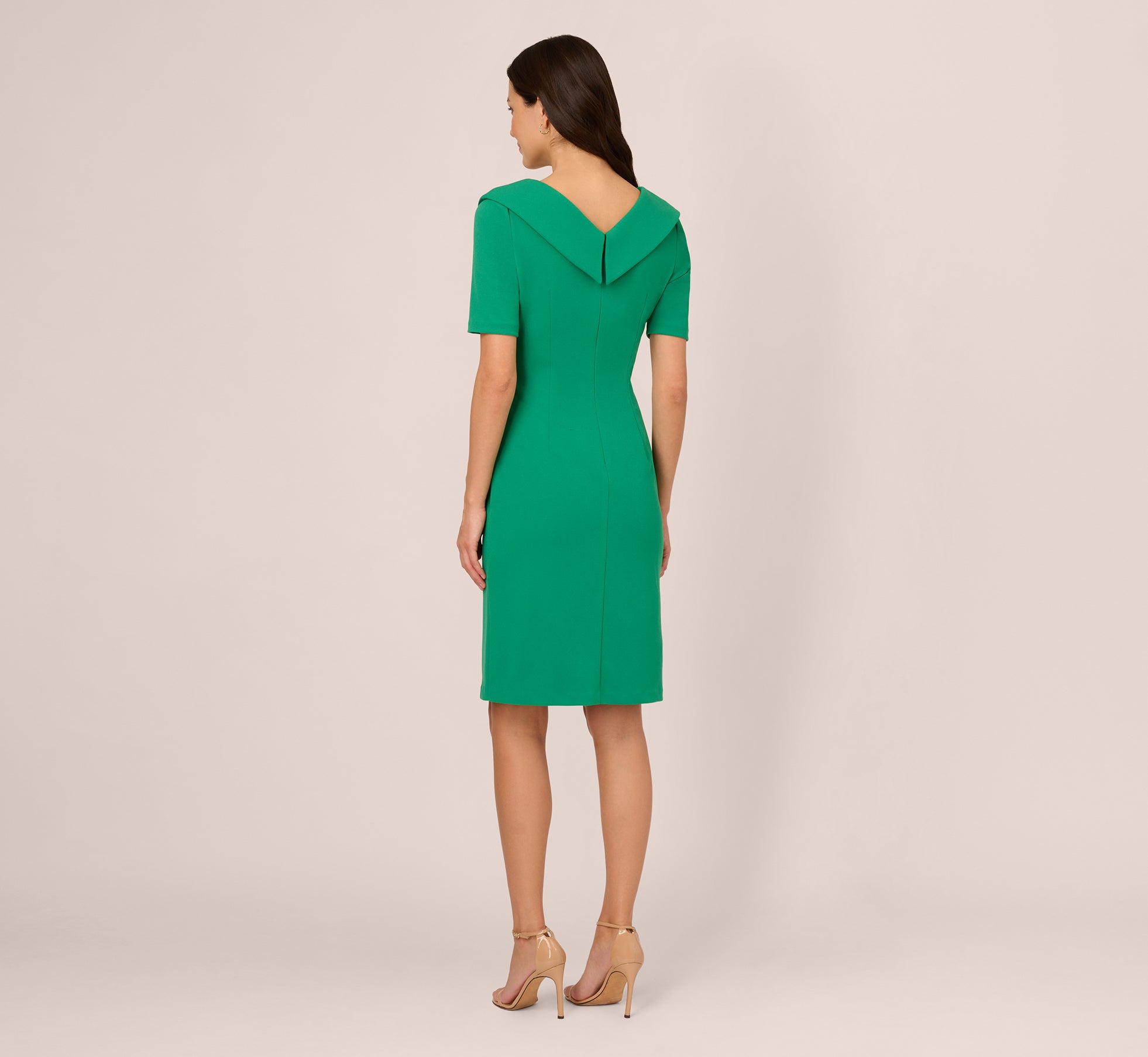 Short Sleeves Sheath Dress With Asymmetrical Neckline In Vivid Green、mySite、solidvoid