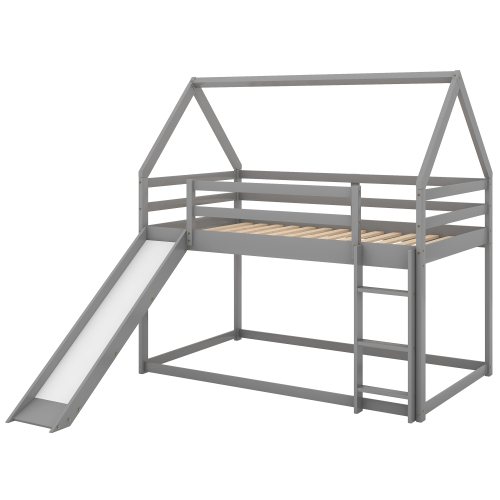 Twin Size Bunk House Bed with Slide and Ladder,Gray、、casual