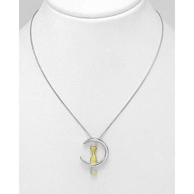 Two Tone Cat in the Moon Jewelry SET in solid 925 Silver for the Cat Lovers!、mySite、g9winljtr