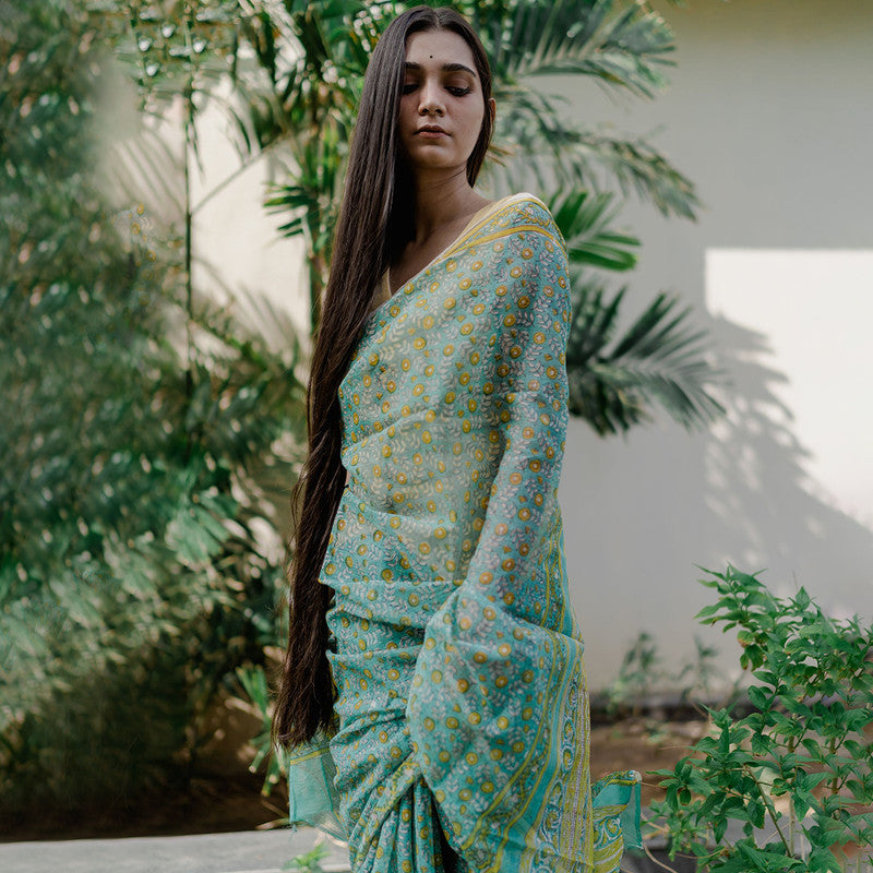 Kota Doria Sarees | Sanganeri Print | Green、mySite、camillekostekn