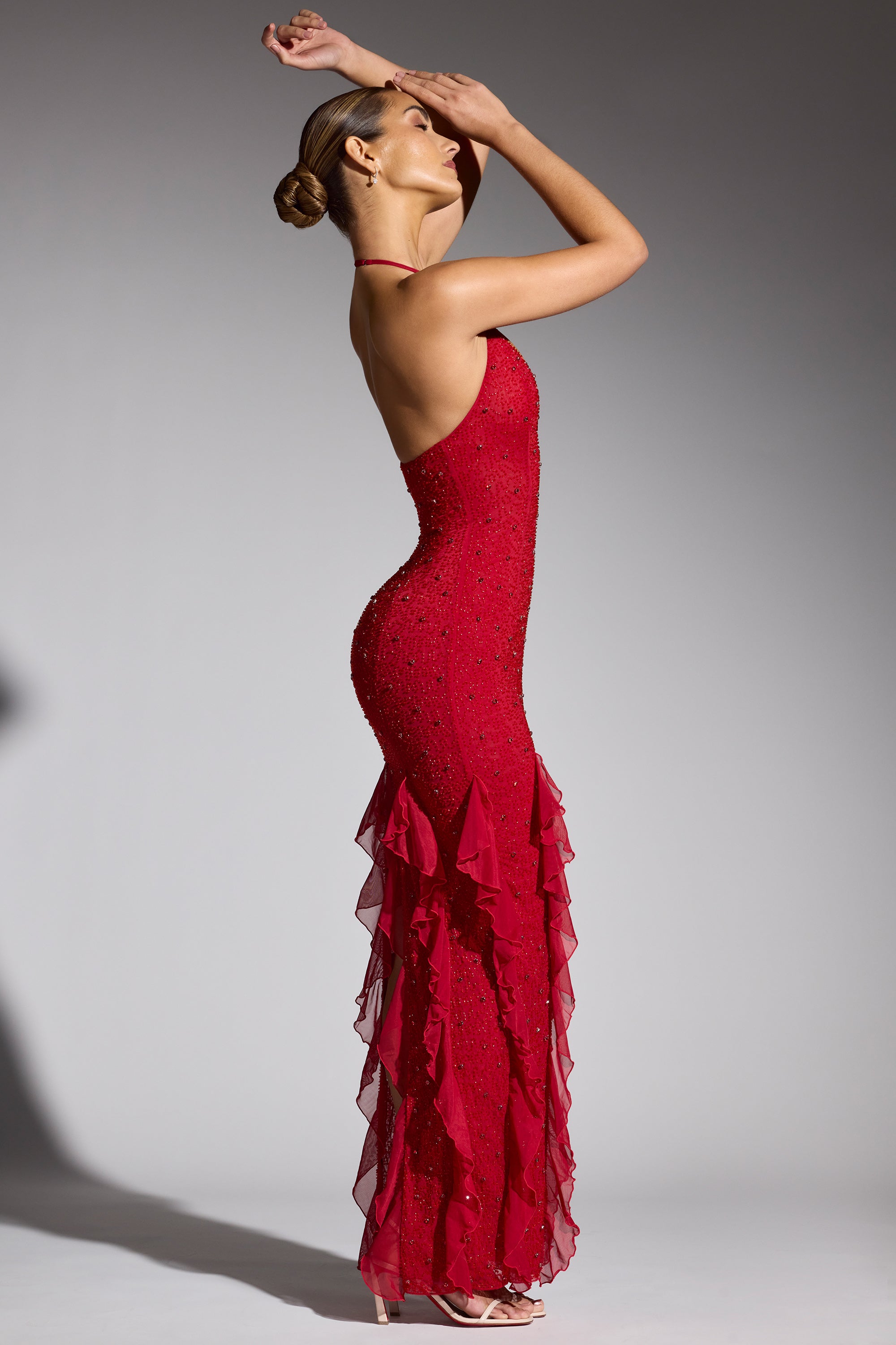 Embellished Halter Neck Ruffle Maxi Dress in Red、mySite、solidvoid