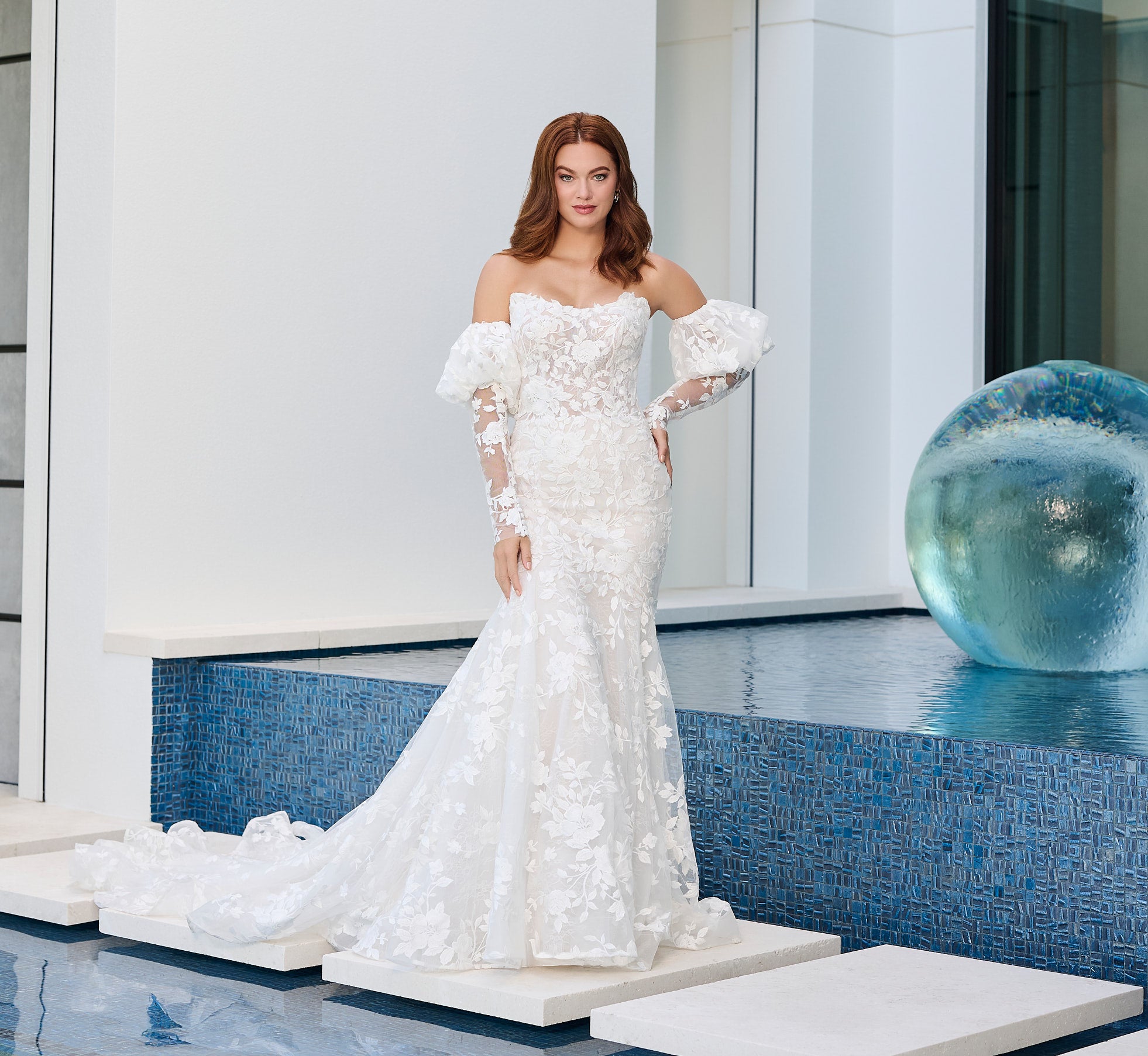 Floral Matte Lace Mermaid Gown in Ivory Almond Nude、mySite、solidvoid