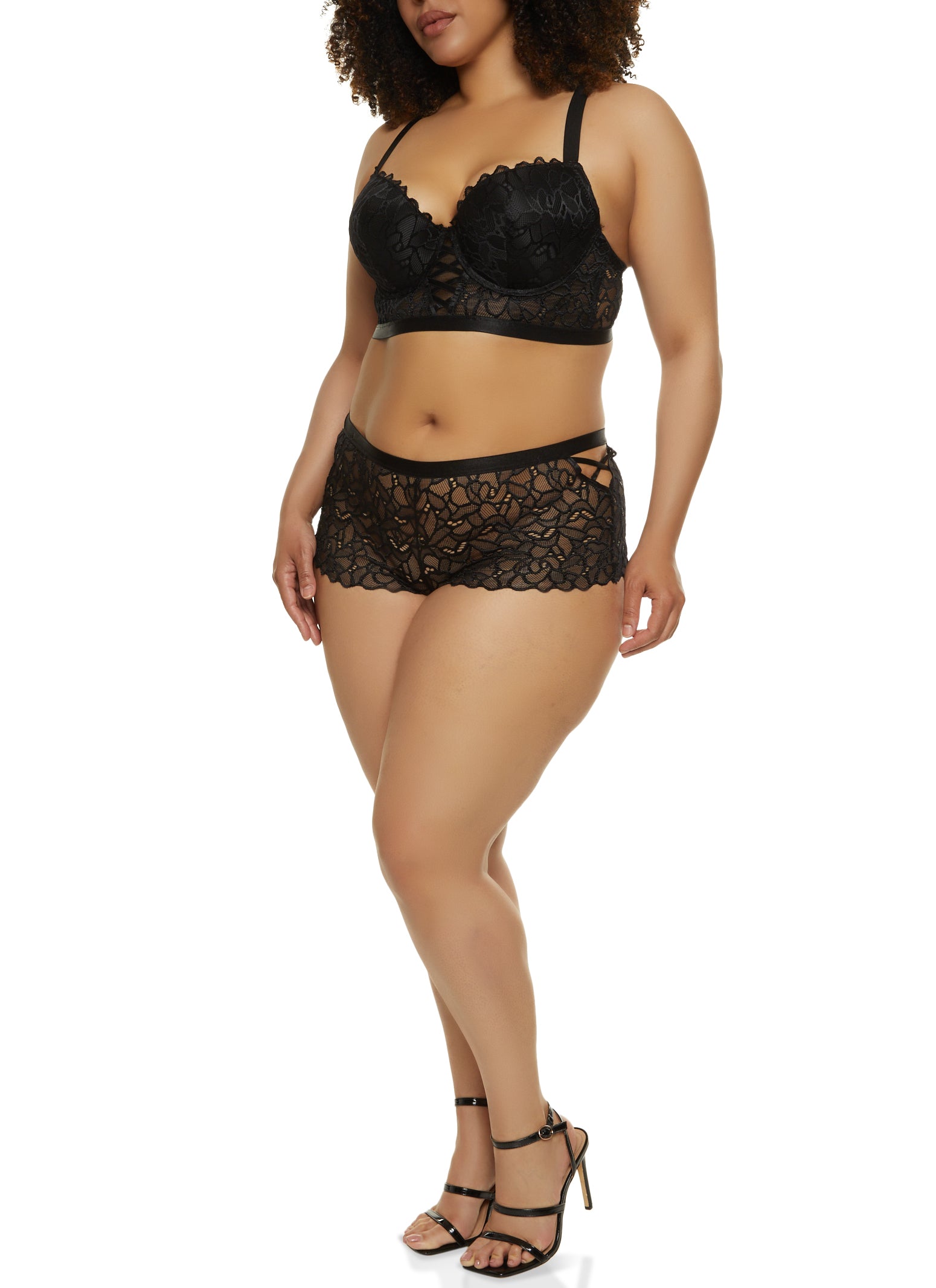 Plus Size Lace Caged Front Longline Plunge Bra、mySite、camillekostekn