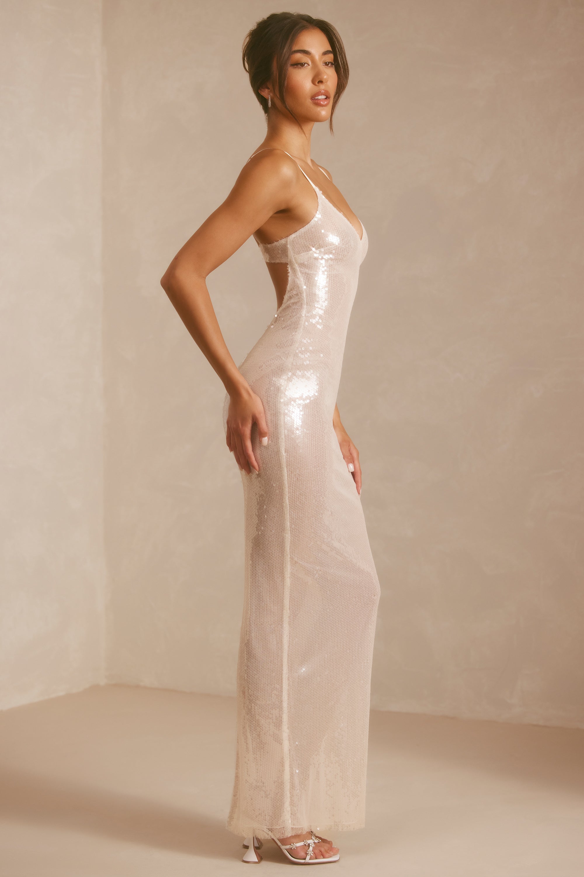 Sheer Sequin V-Neck Cut Out Back Evening Gown in White、mySite、solidvoid