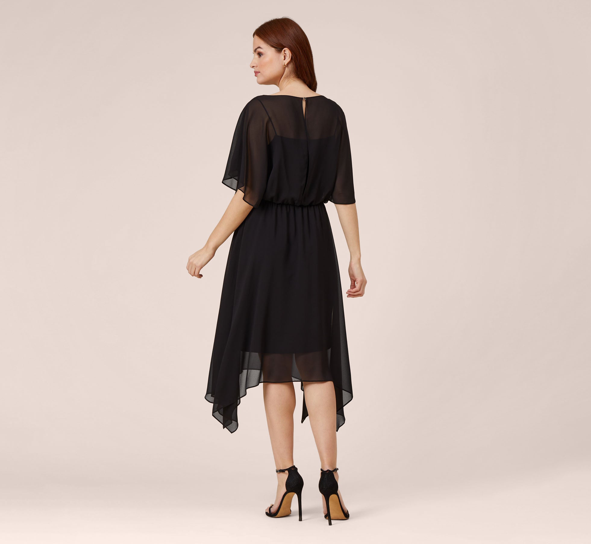 Chiffon Blouson Midi Dress With Flutter Sleeves In Black、mySite、solidvoid