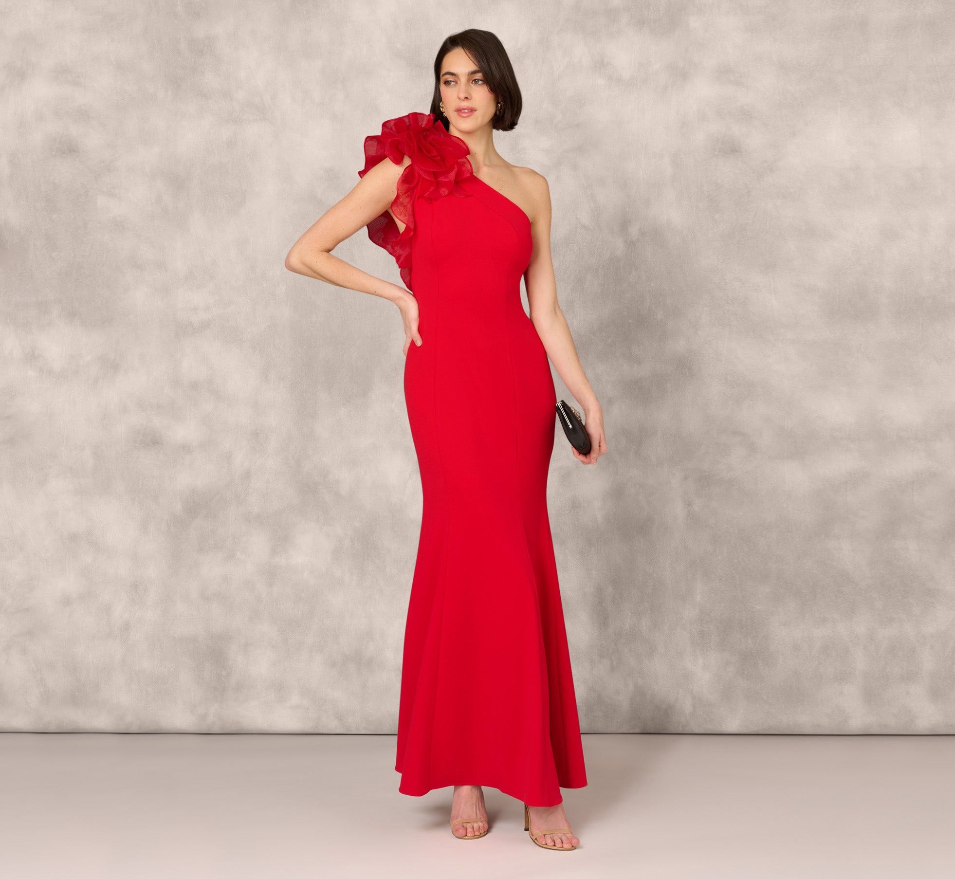 One Shoulder Mermaid Dress With Organza Sleeve In Red、mySite、solidvoid
