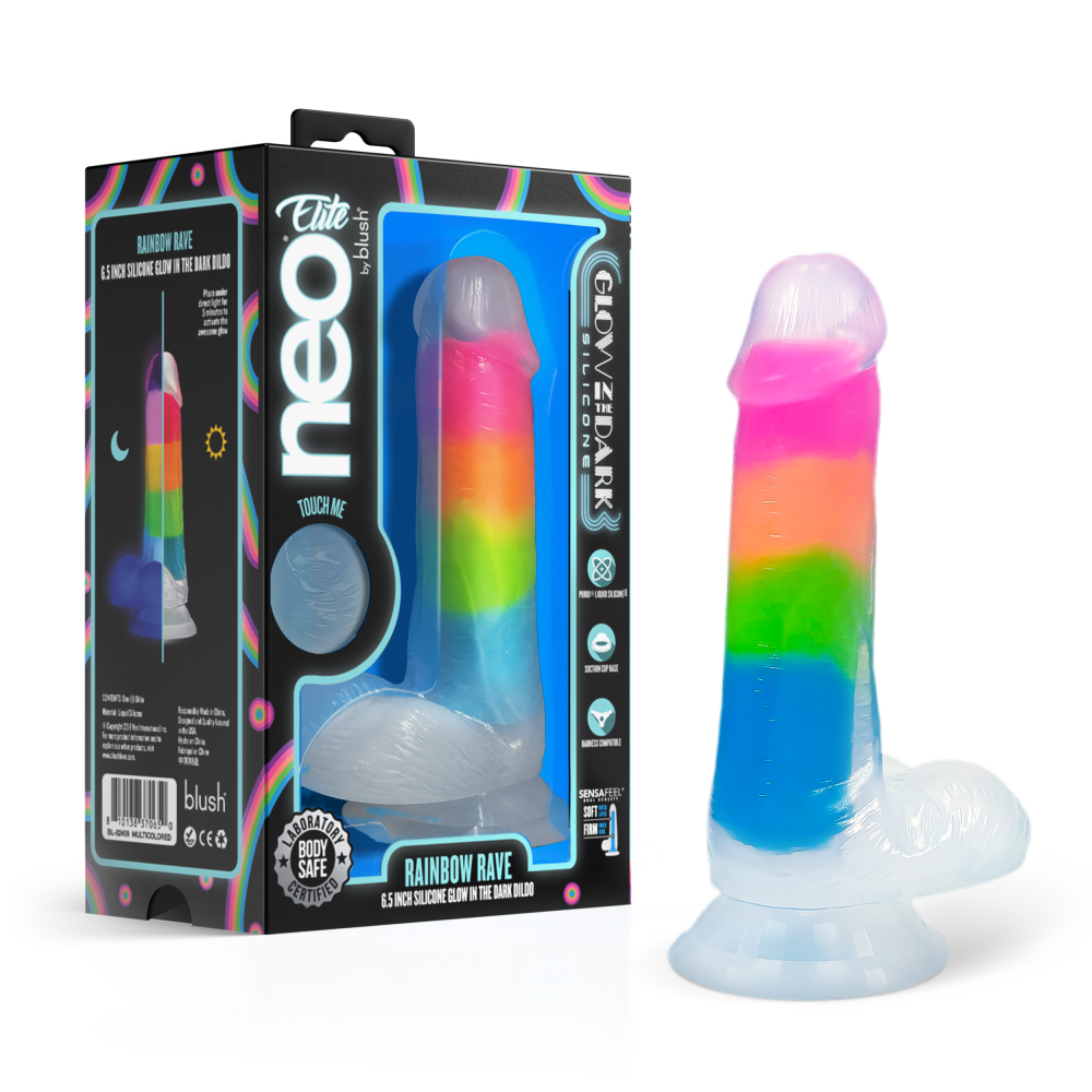 Neo Elite By Blush® | Rainbow Rave - 6.5 Inch Glow-In-The-Dark Dildo - Dual Density Liquid Silicone – Harness Compatible - Rainbow、mySite、bottomscart