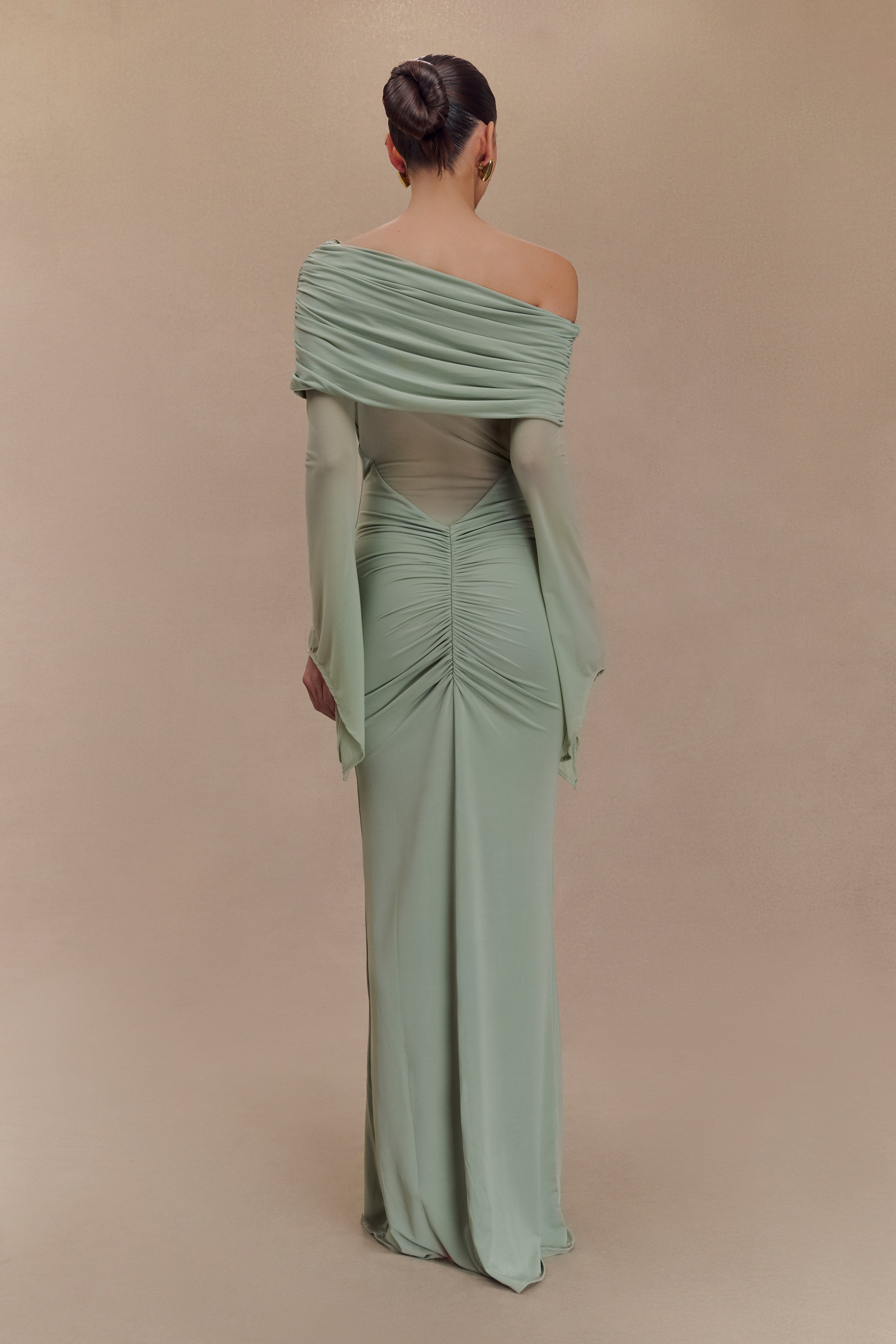 Kaitlin One Shoulder Slinky And Mesh Maxi Dress - Basil、mySite、solidvoid