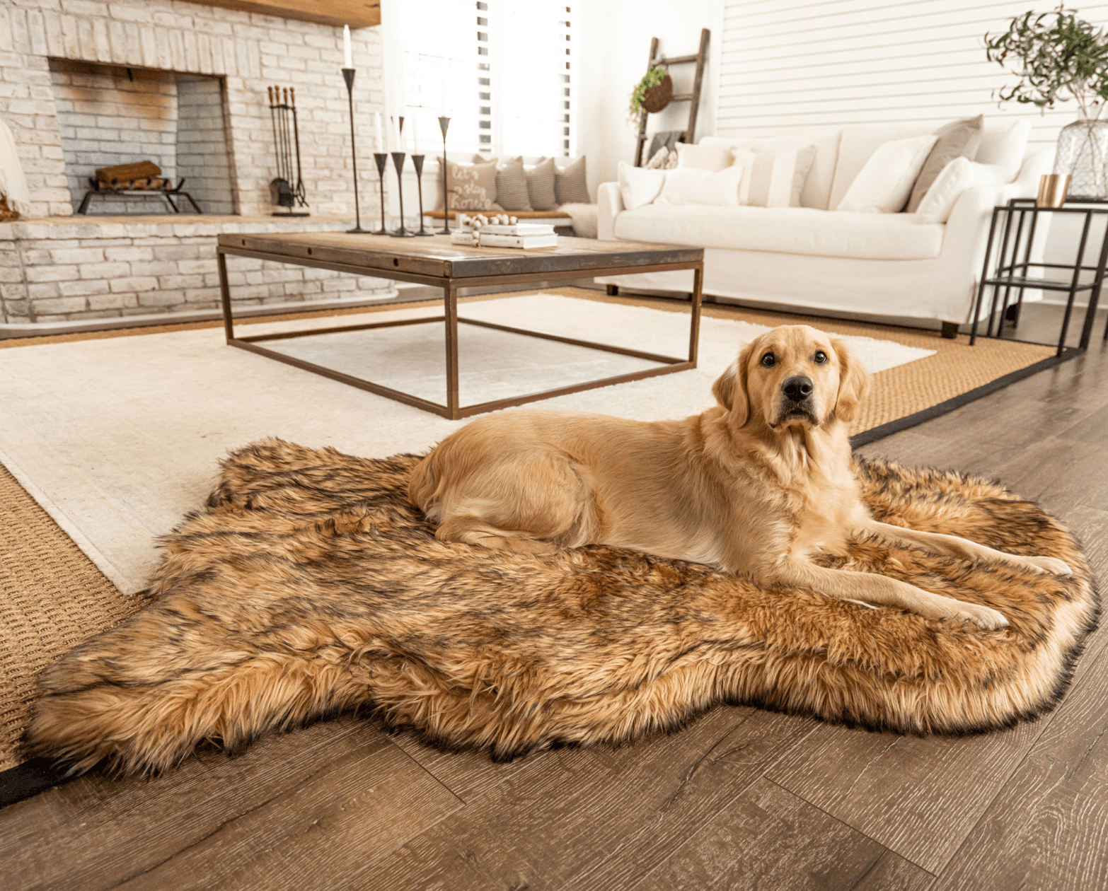 PupRug™ Faux Fur Sable Tan Orthopedic Dog Bed + FREE Red & Black Plaid Bed Cover、mySite、solidvoid
