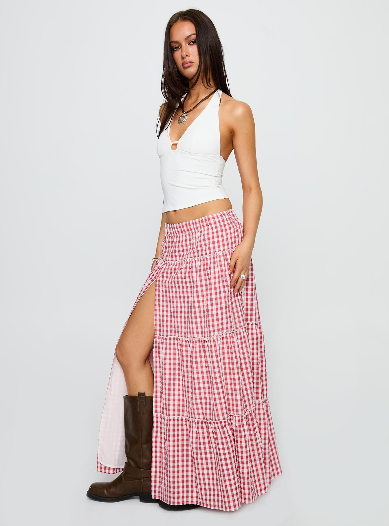Ilaina Tiered Maxi Skirt Red Check、mySite、solidvoid