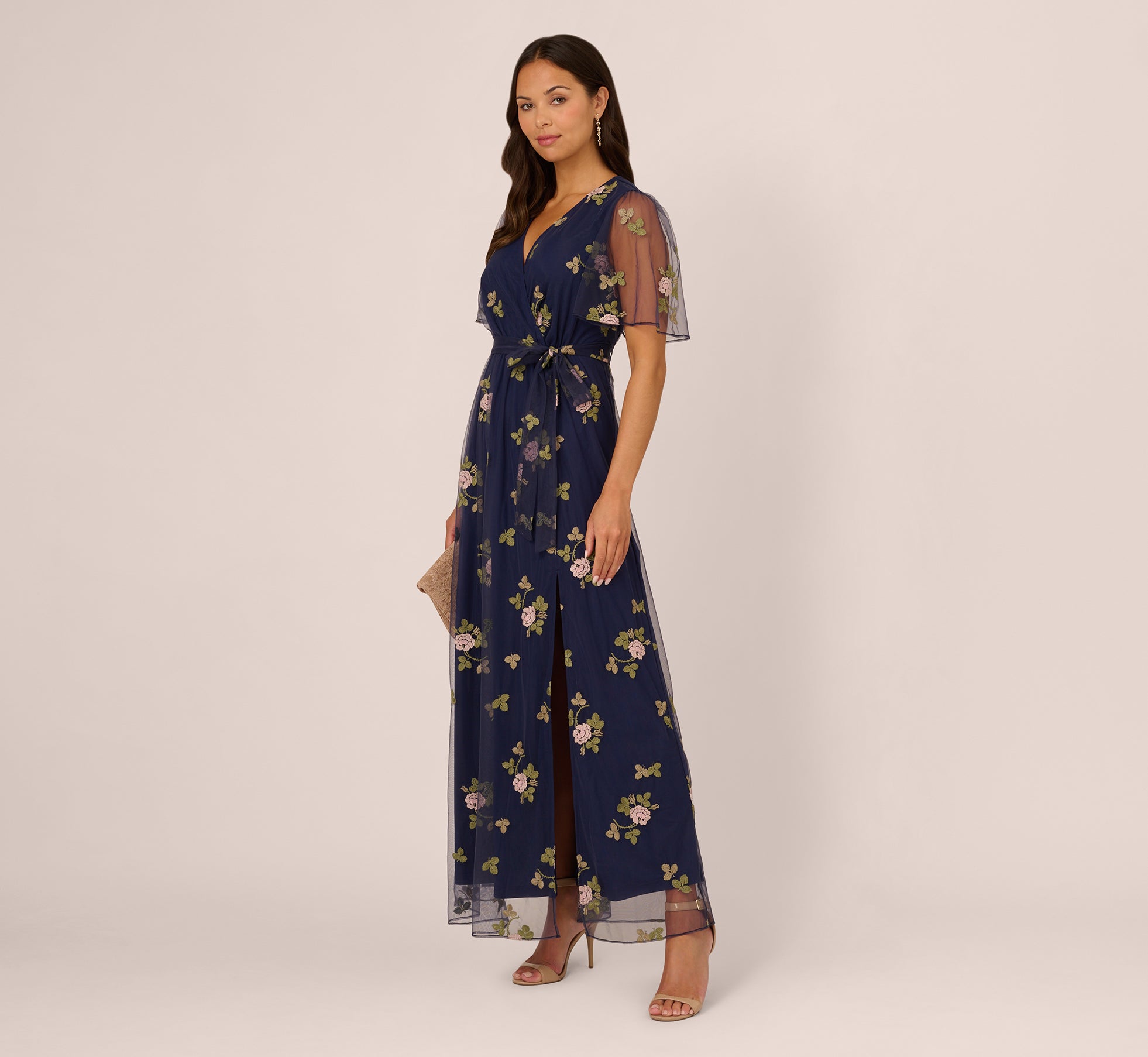 Floral Embroidered Maxi Dress With Sheer Flutter Sleeves In Navy Multi、mySite、solidvoid