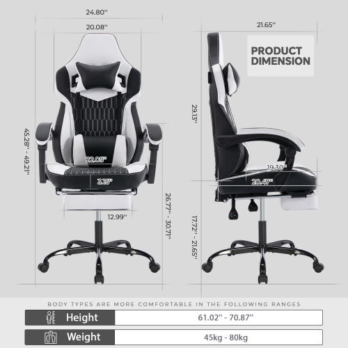 Gaming Chair with Footrest, High Back Gaming Chairs PVC Leather Ergonomic Office Gamer Chair Headrest Lumbar Support Racing Style Video Gaming Chair (Black White)、、casual