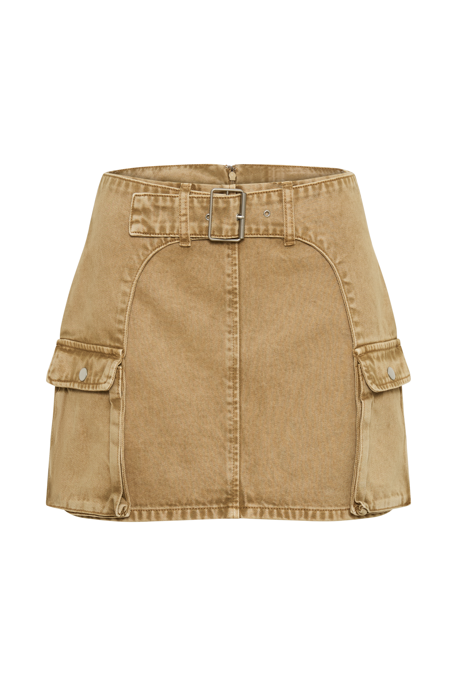Rowena Denim Buckle Mini Skirt - Tan Acid Wash、mySite、solidvoid