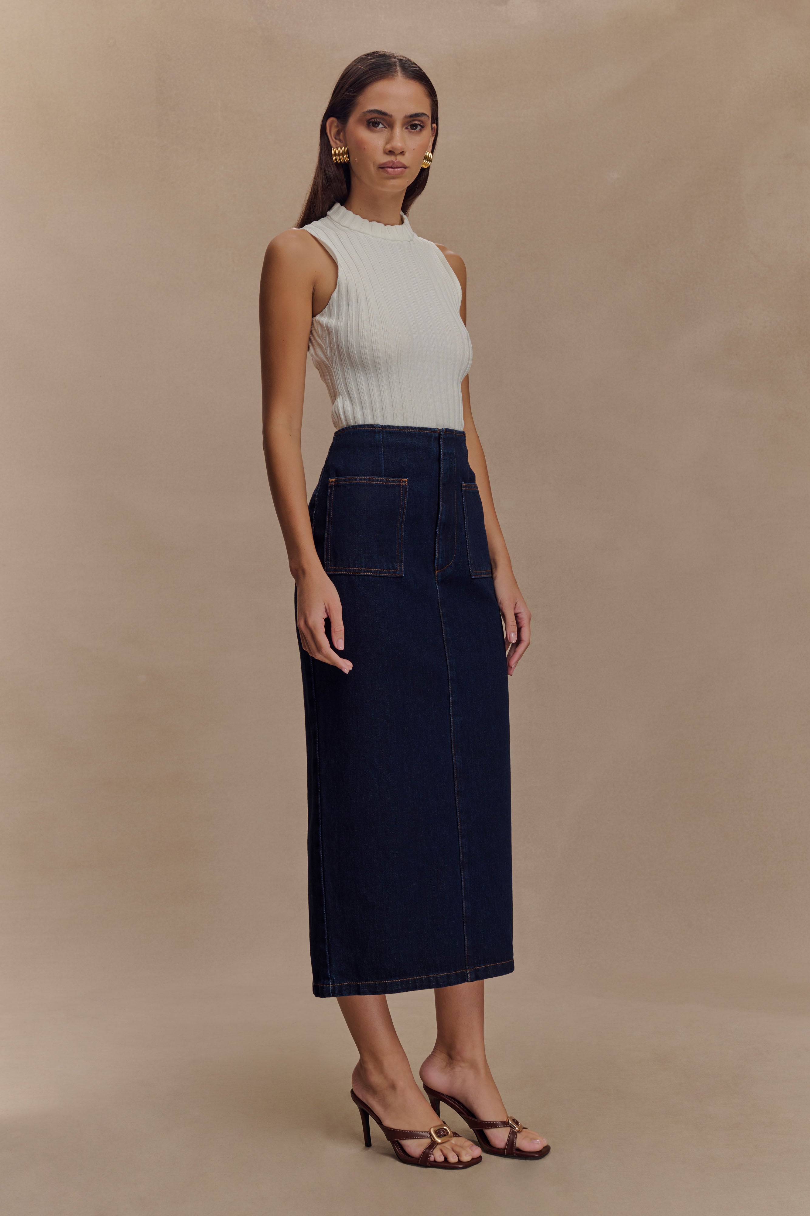 Fallon Denim Midi Skirt - Indigo Blue、mySite、solidvoid