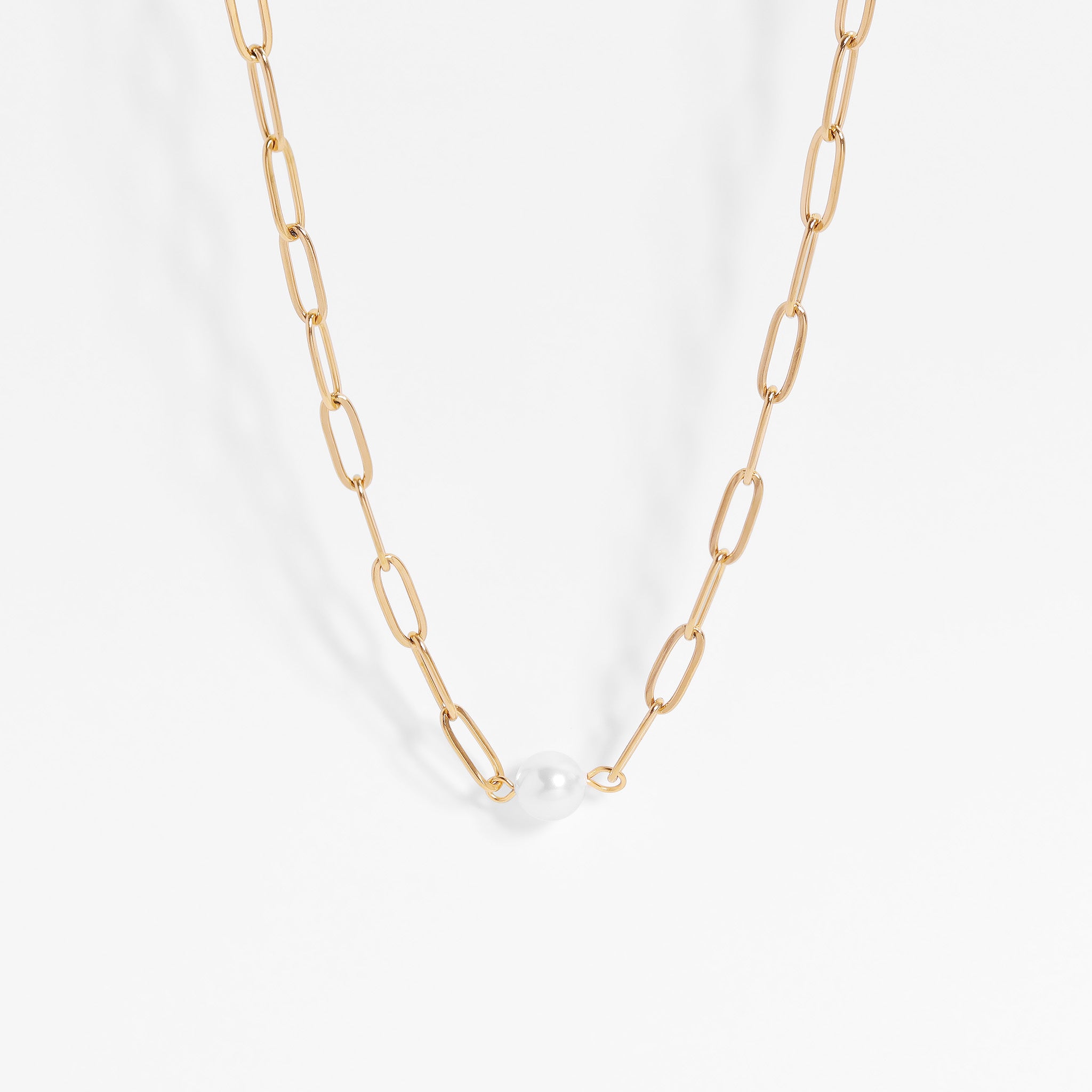 18K Gold PVD Stainless Steel Paperclip Necklace With Pearl / CHN9956、mySite、dreamappss