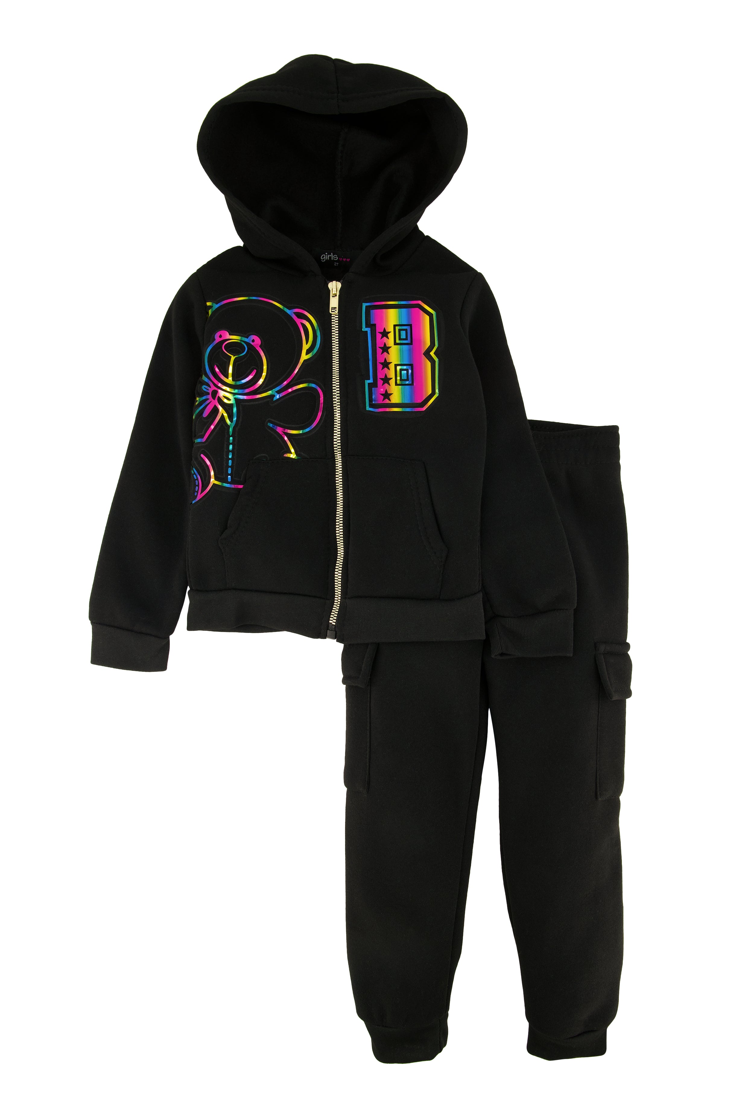 Toddler Girls 3D Foil Bear Graphic Hoodie and Joggers、mySite、camillekostekn