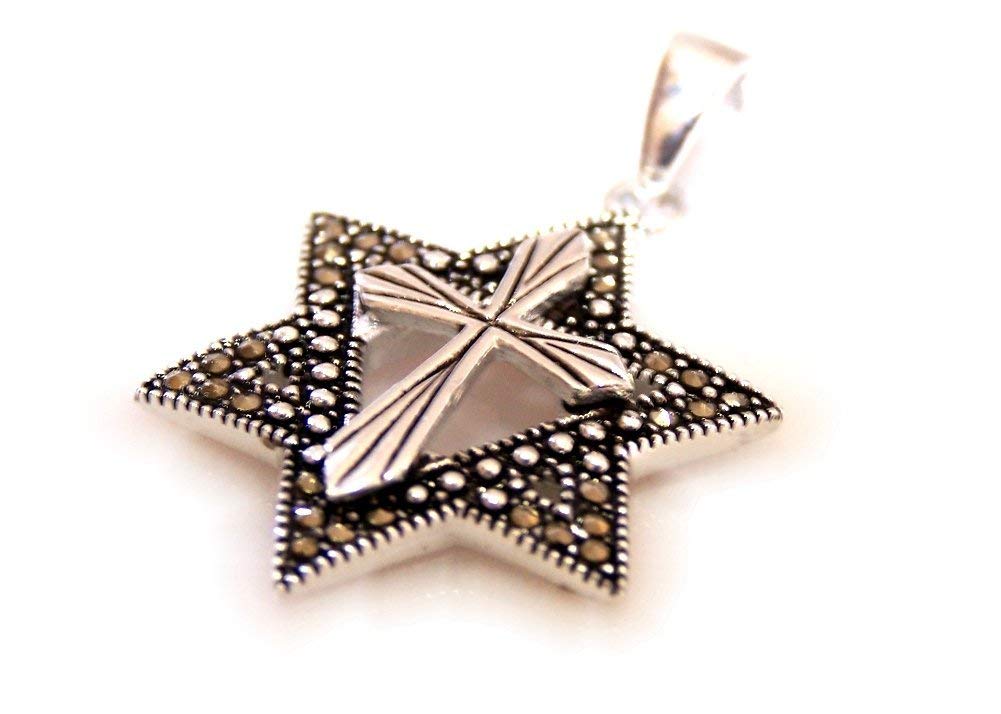  Marquise Star of David with a Cross Messianic pendant with Marcasite Border、mySite、elrpsem3k