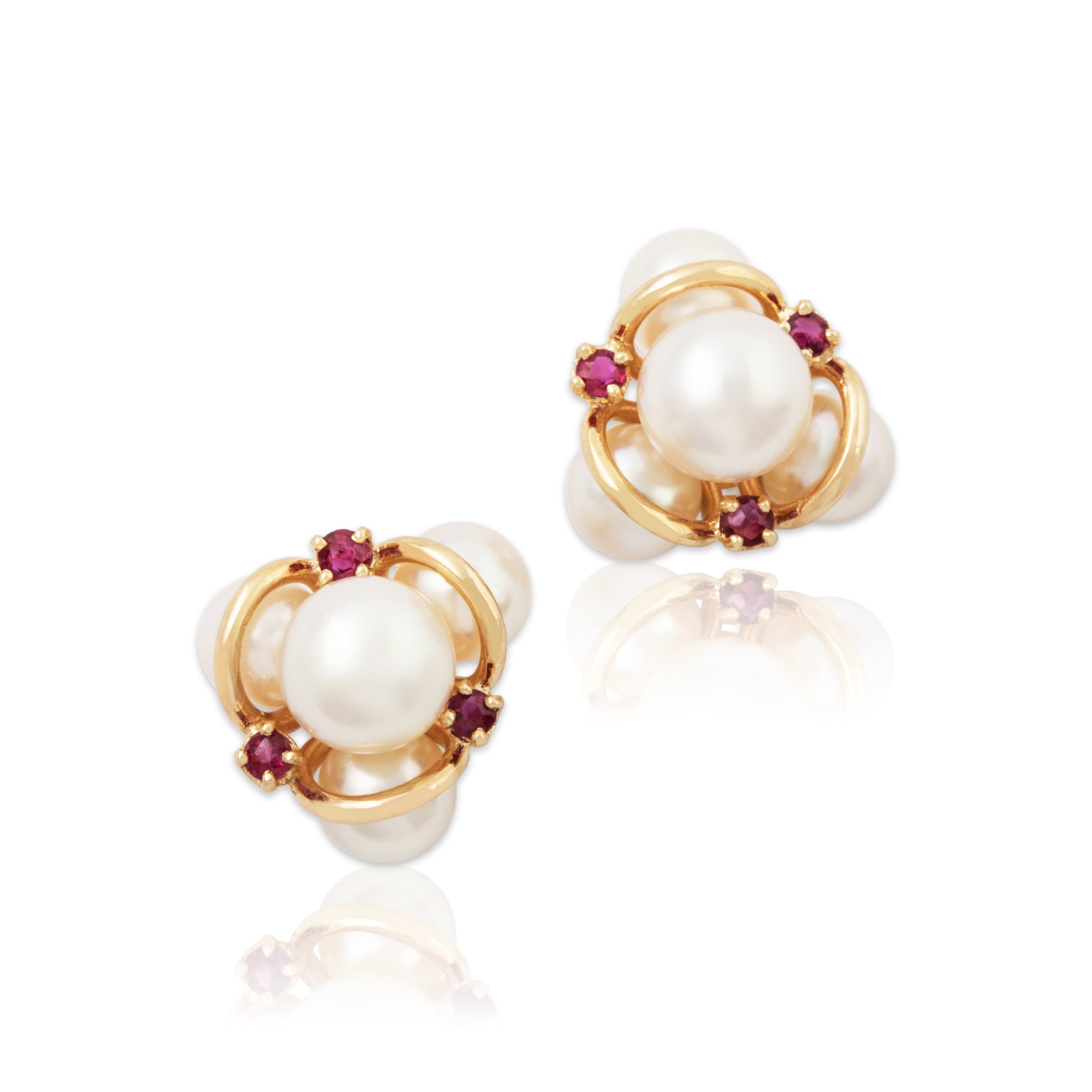 Vintage 14k Yellow Gold Pearl Ruby Lustrous Trio Stud Earrings、mySite、hinf8tx79