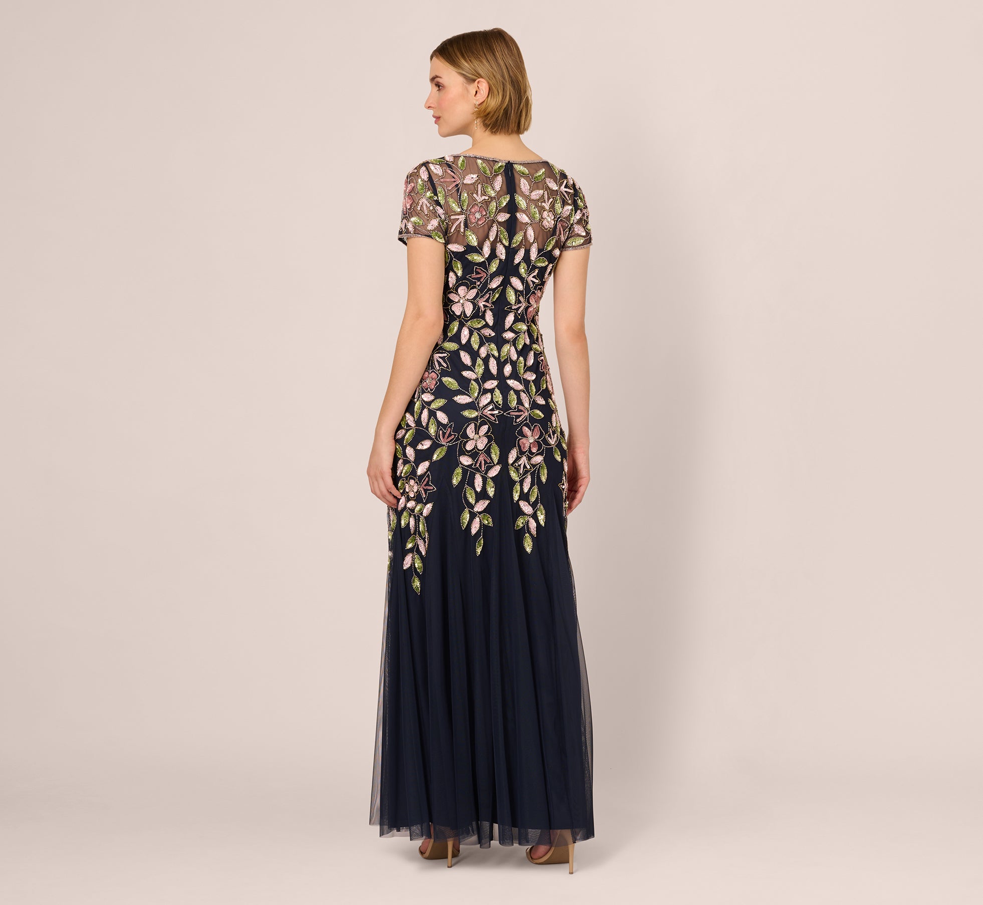 Short Sleeve Vine Beaded Godet Gown In Navy Multi、mySite、solidvoid
