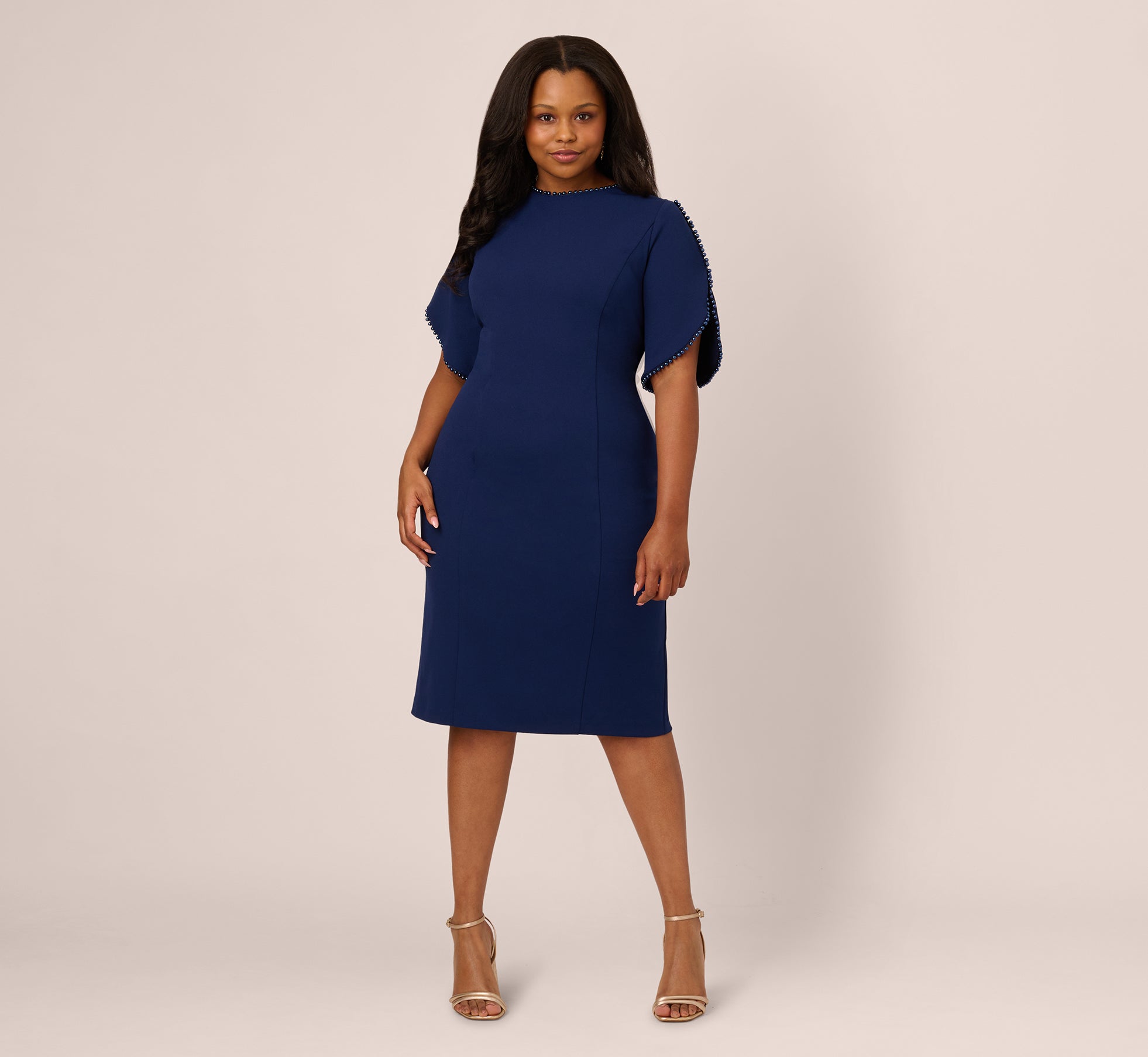 Plus Size Crepe Midi Length Sheath Dress With Pearl Trimmed Sleeves In Navy Sateen、mySite、solidvoid