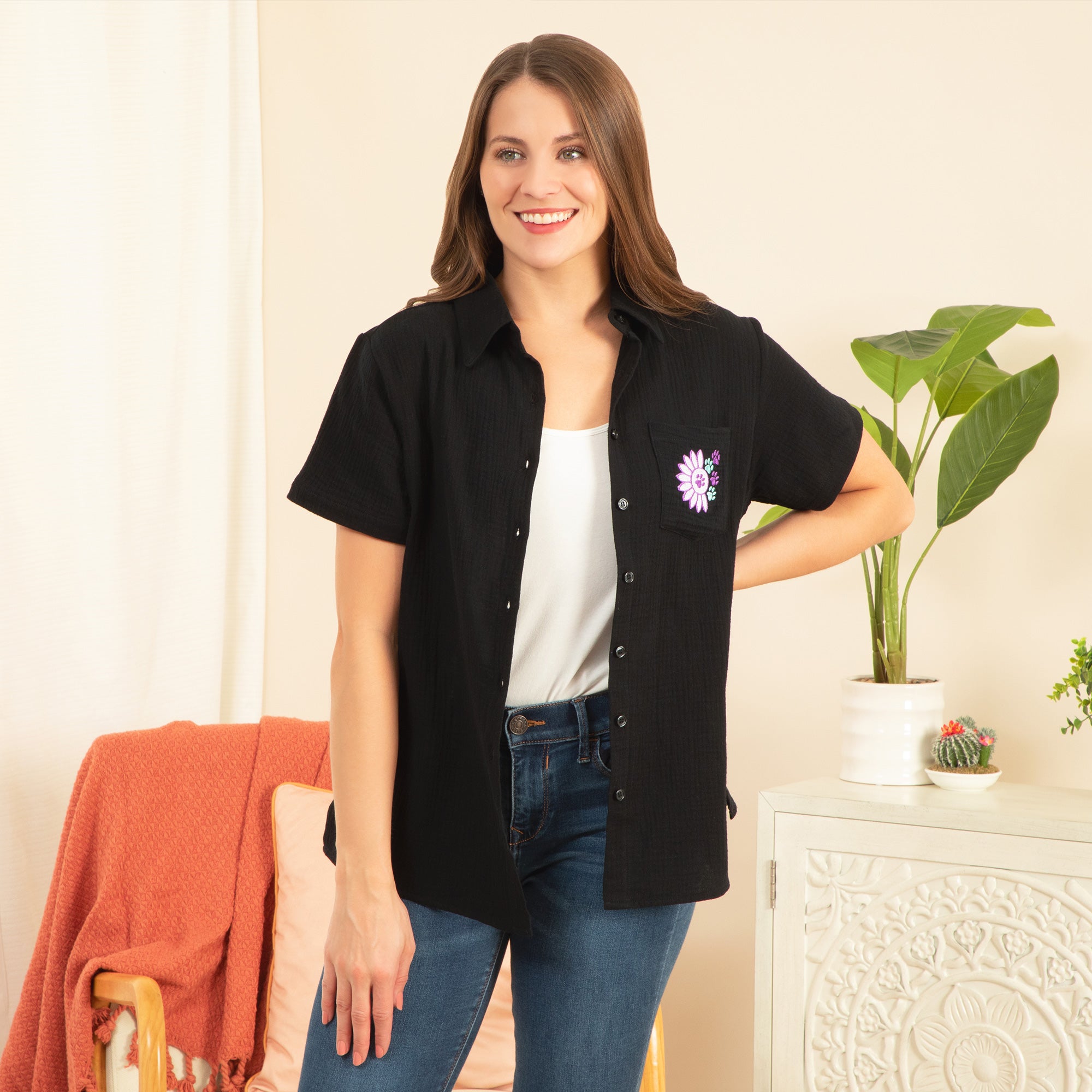 Paw Sunflower Embroidered Cotton Gauze Shirt、mySite、camillekostekn