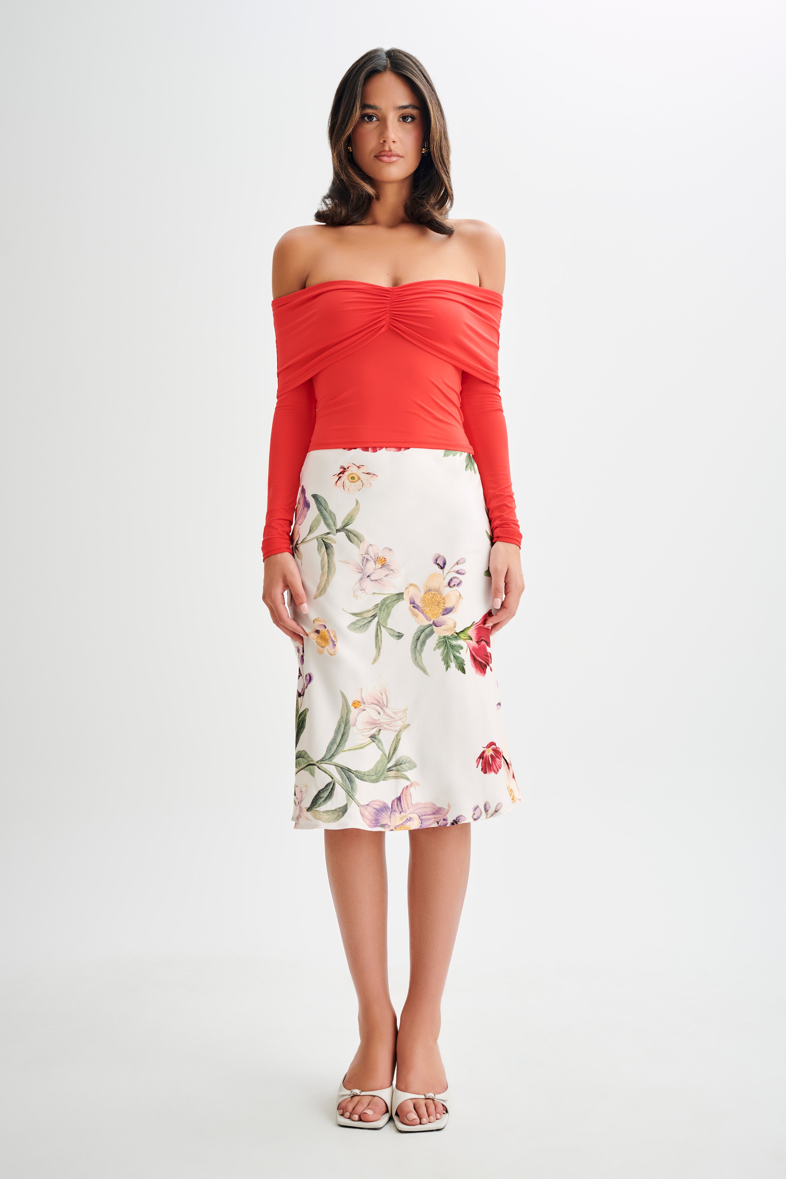 Prue Ruched Off Shoulder Long Sleeve Top - Pomegranate、mySite、solidvoid