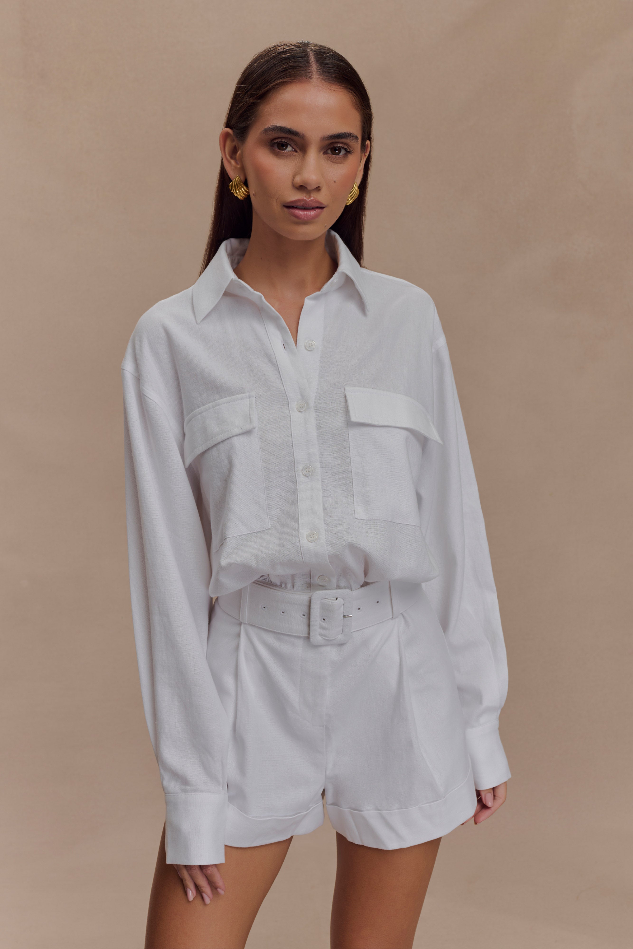 Adia Linen Belted Playsuit - White、mySite、solidvoid