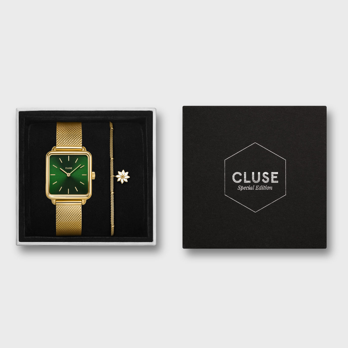  Giftbox La Tétragone Watch Mesh, Green & Chain Bracelet Daisy, Gold Colour
