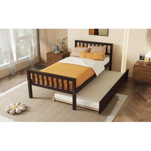 Twin Bed with Trundle, Platform Bed Frame with Headboard and Footboard, for Bedroom Small Living Space,No Box Spring Needed,Grey(New SKU:W504P148530)、、casual