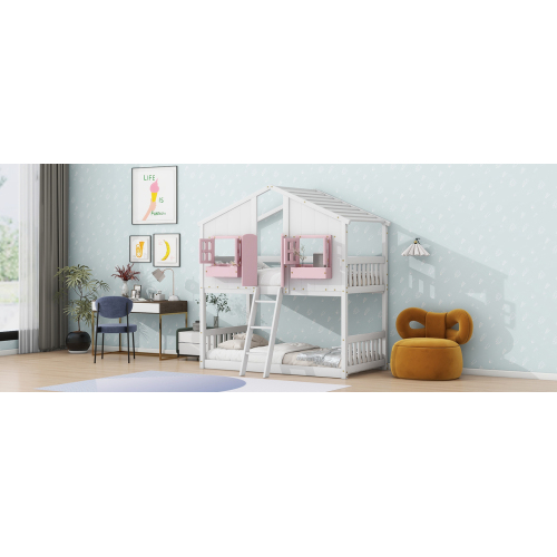 Twin over Twin House Bunk Bed with Roof , Window, Window Box, Door , with Safety Guardrails and Ladder,White、、casual
