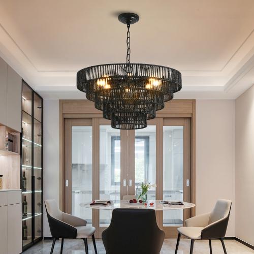 (Same as W1340P155977/L1019-5) 24" Modern 5-Layer Woven Hemp Rope Chandelier, Boho Style Pendant Light, Elegant Hanging Light Fixture for Living Room, Dining Room, Bedroom (No Bulbs)、、eastwooduniform