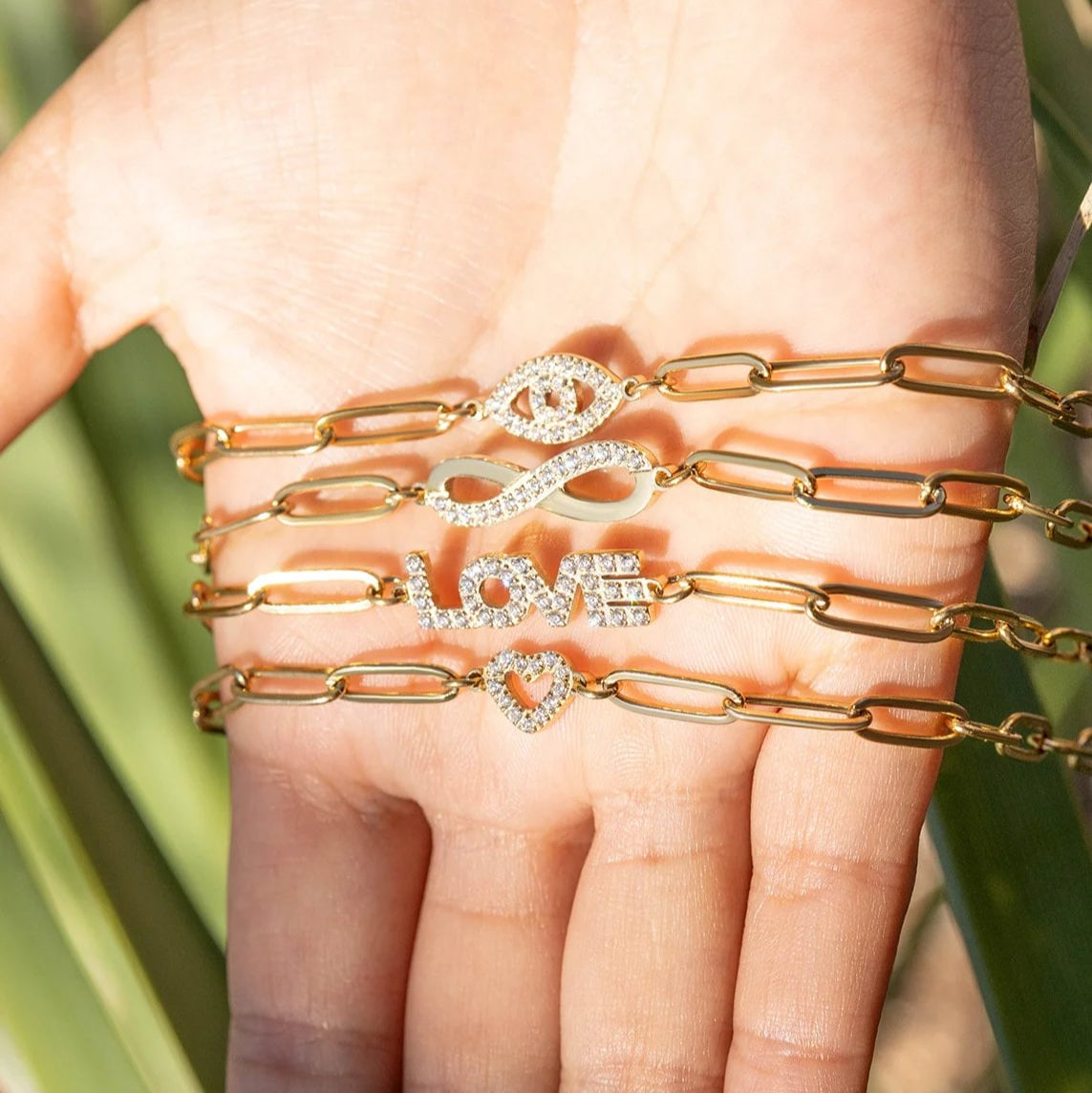 18K Gold PVD Stainless Steel Stone Heart Paperclip Chain Bracelet / BRJ1006、mySite、dreamappss