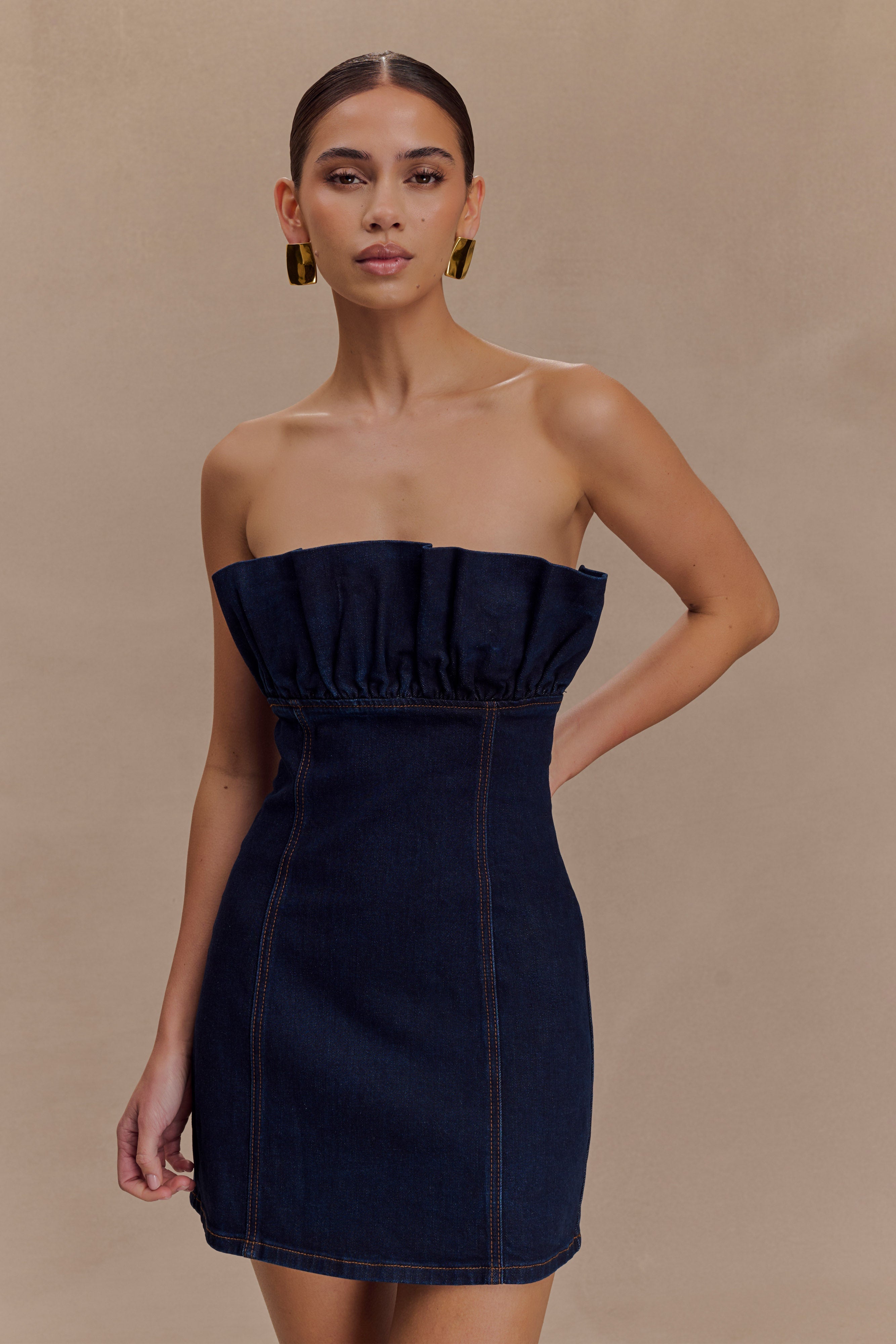 Raesha Frill Denim Mini Dress - Indigo Blue、mySite、solidvoid