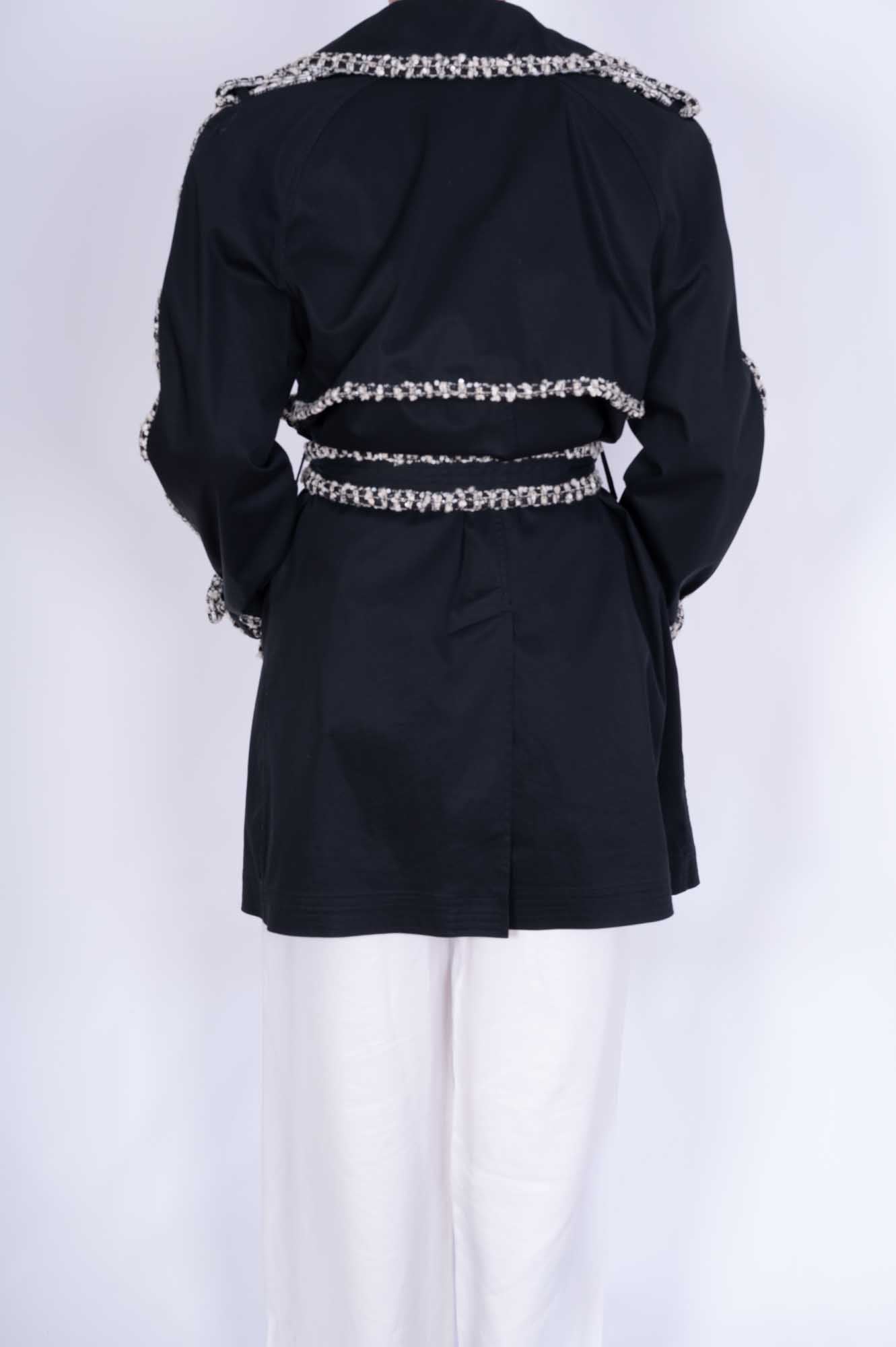 Chanel Vintage Black Trench Coat with Tweed and Chain-Link Trim Rare、mySite、garminoutage.com