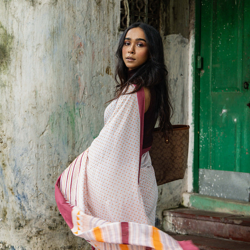 Cotton Saree | Hand Block Print | White & Pink、mySite、camillekostekn