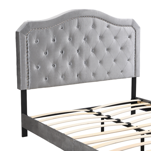 King Size Upholstered Platform Bed Frame with Button Tufted Linen Fabric Headboard, No Box Spring Needed, Wood Slat Support, Easy Assembly, Gray、、casual