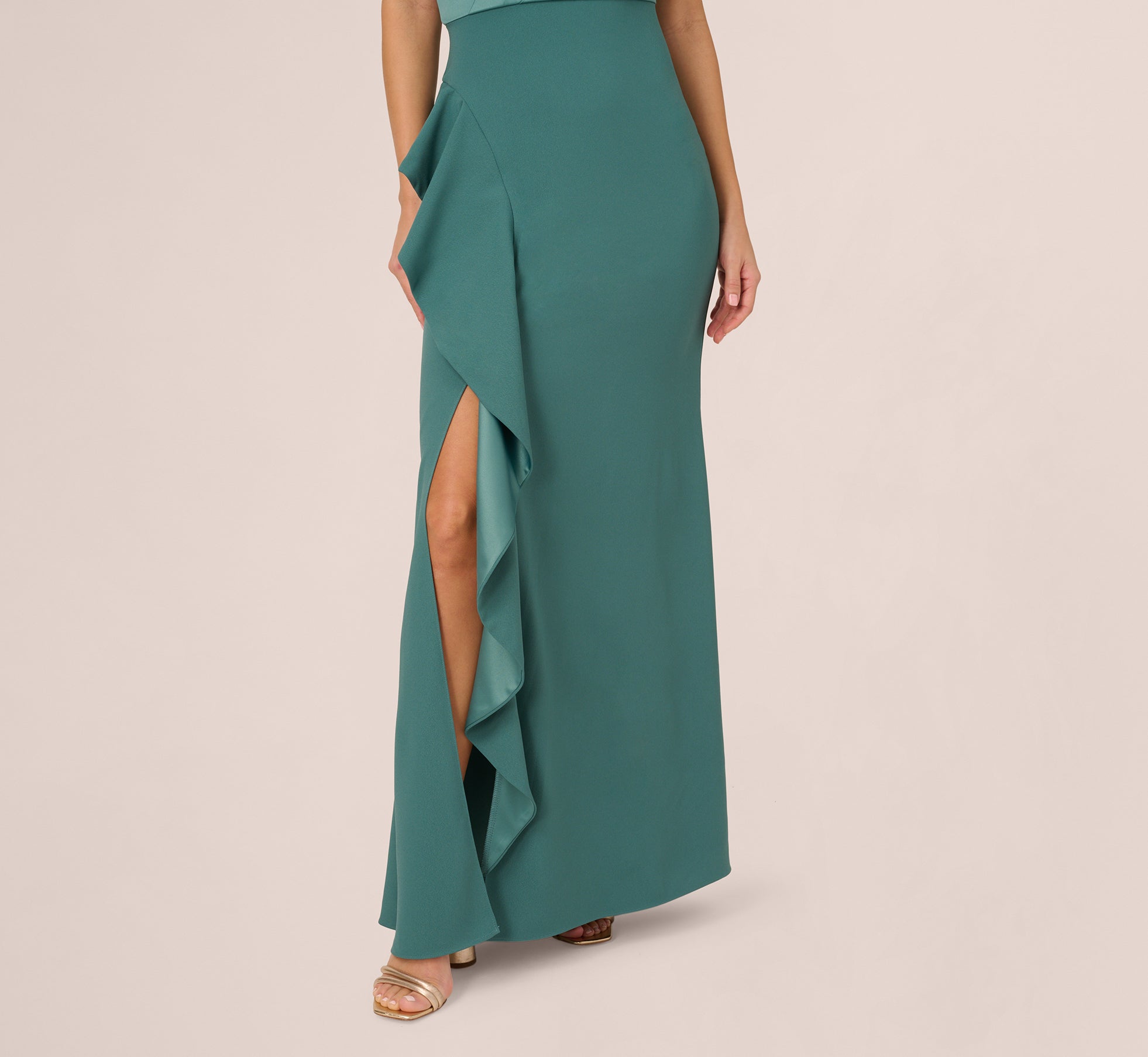 One-Shoulder Long Satin Crepe Mermaid Gown In Green Slate、mySite、solidvoid