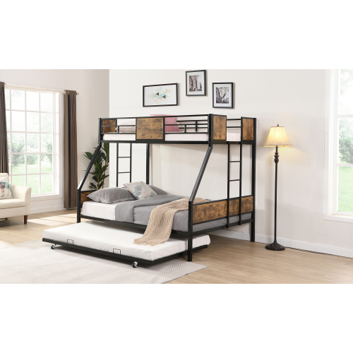 Twin Over FULL Metal Bunk Bed with 2 - Side Ladder and Full-Length Guardrail, No Box Spring Needed, Large Under Bed Storage, Easy Assemble , Black & Brown、、casual