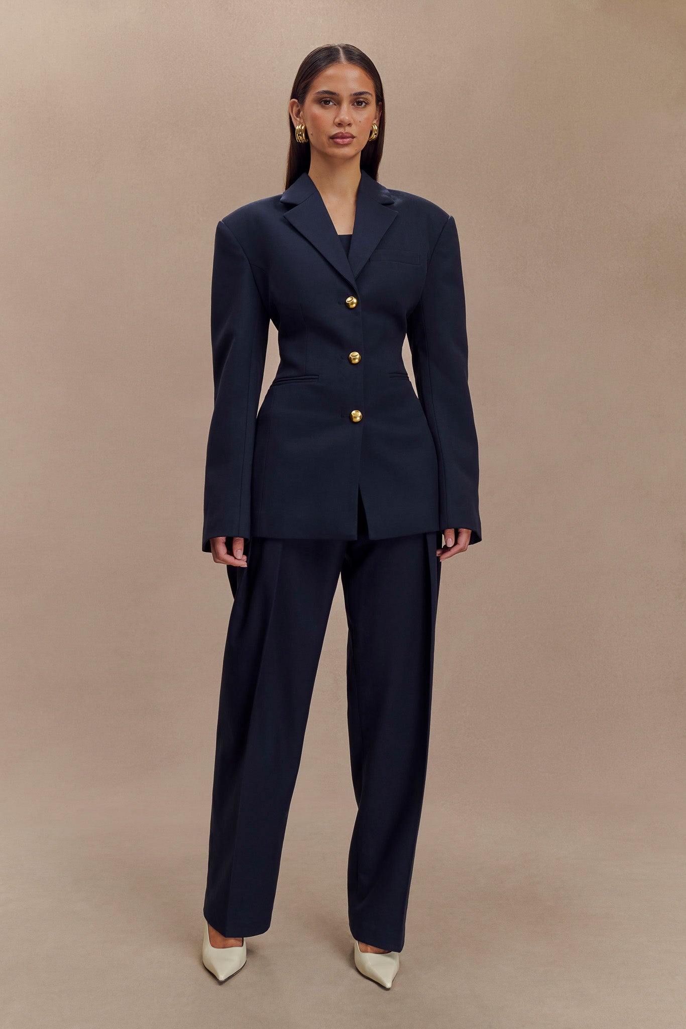 Penelope Pleated High Waisted Pants - Dark Navy、mySite、solidvoid