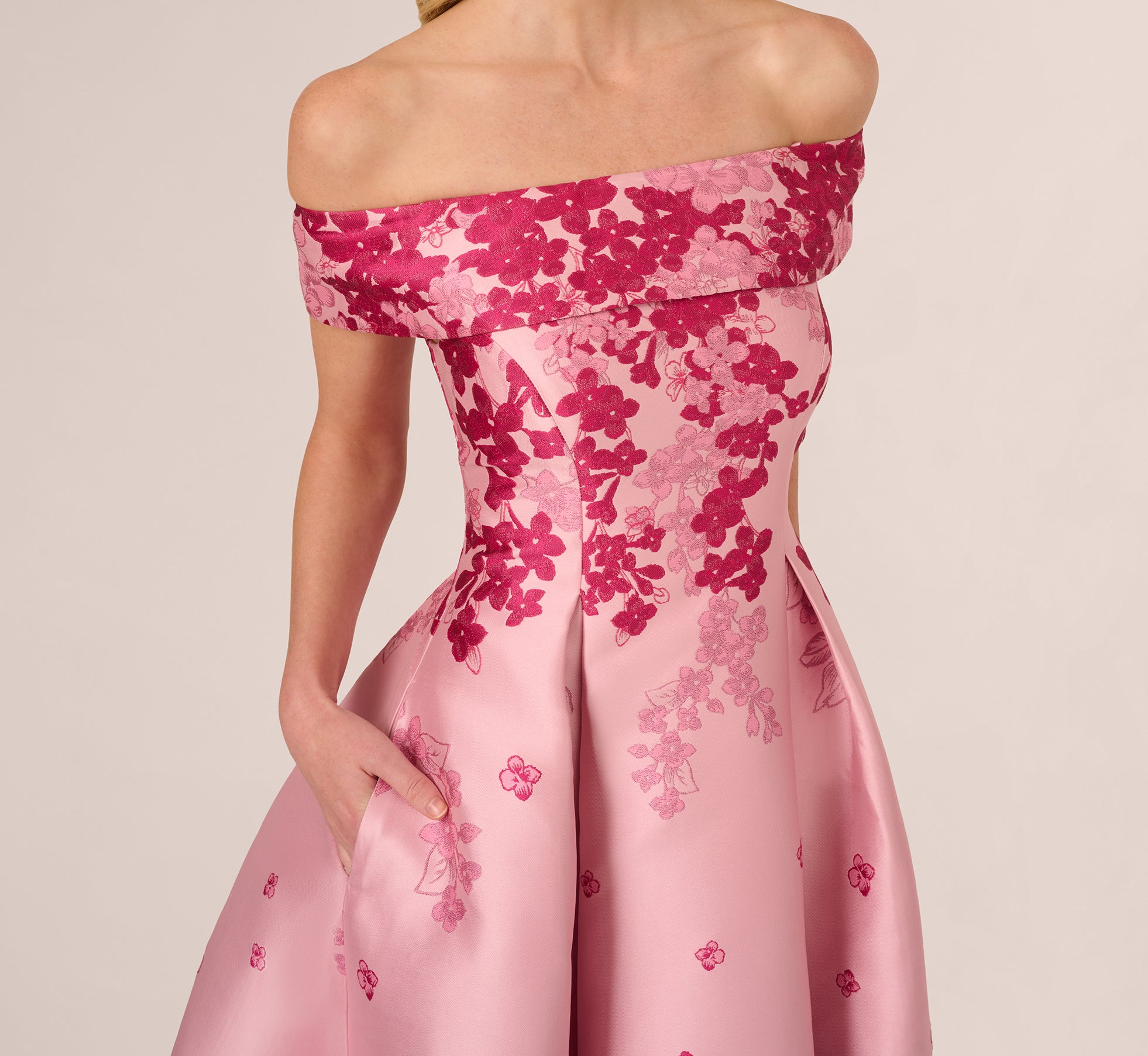 Floral Jacquard Ankle Length Dress With Off The Shoulder Neckline In Pink Multi、mySite、solidvoid